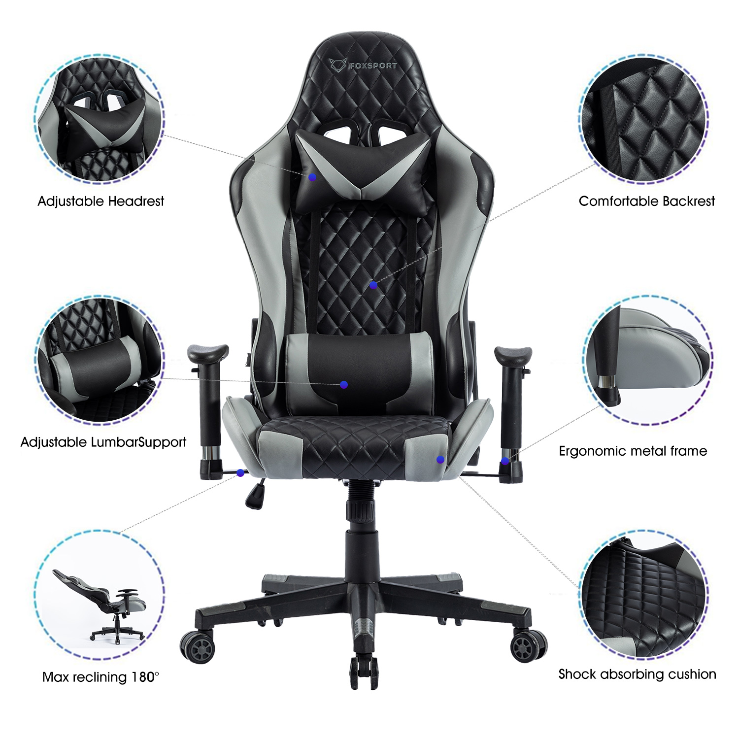 FOXSPORT und Grau Grau Gaming Gaming Lendenkissen Stuhl Stuhl, Kopfstütze mit