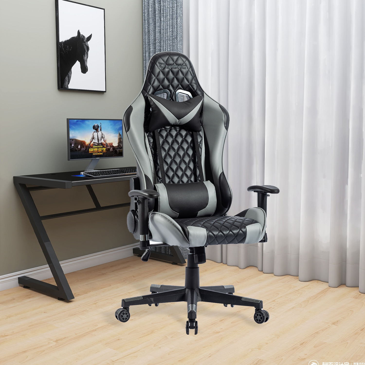 FOXSPORT Kopfstütze Grau Stuhl Gaming Stuhl, mit Grau Gaming Lendenkissen und