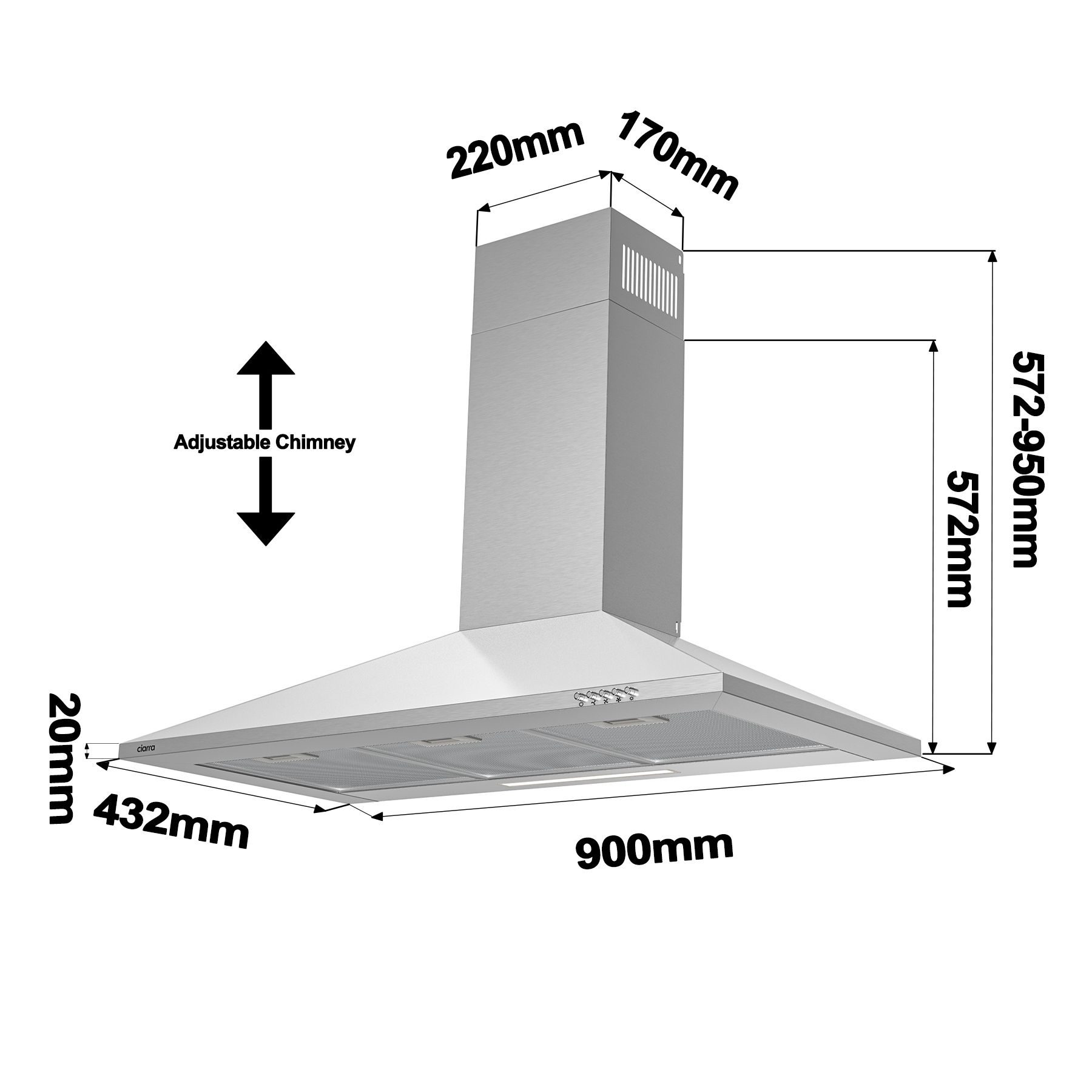 Hotte aspirante en acier inoxydable avec dimensions marquées sur fond blanc.