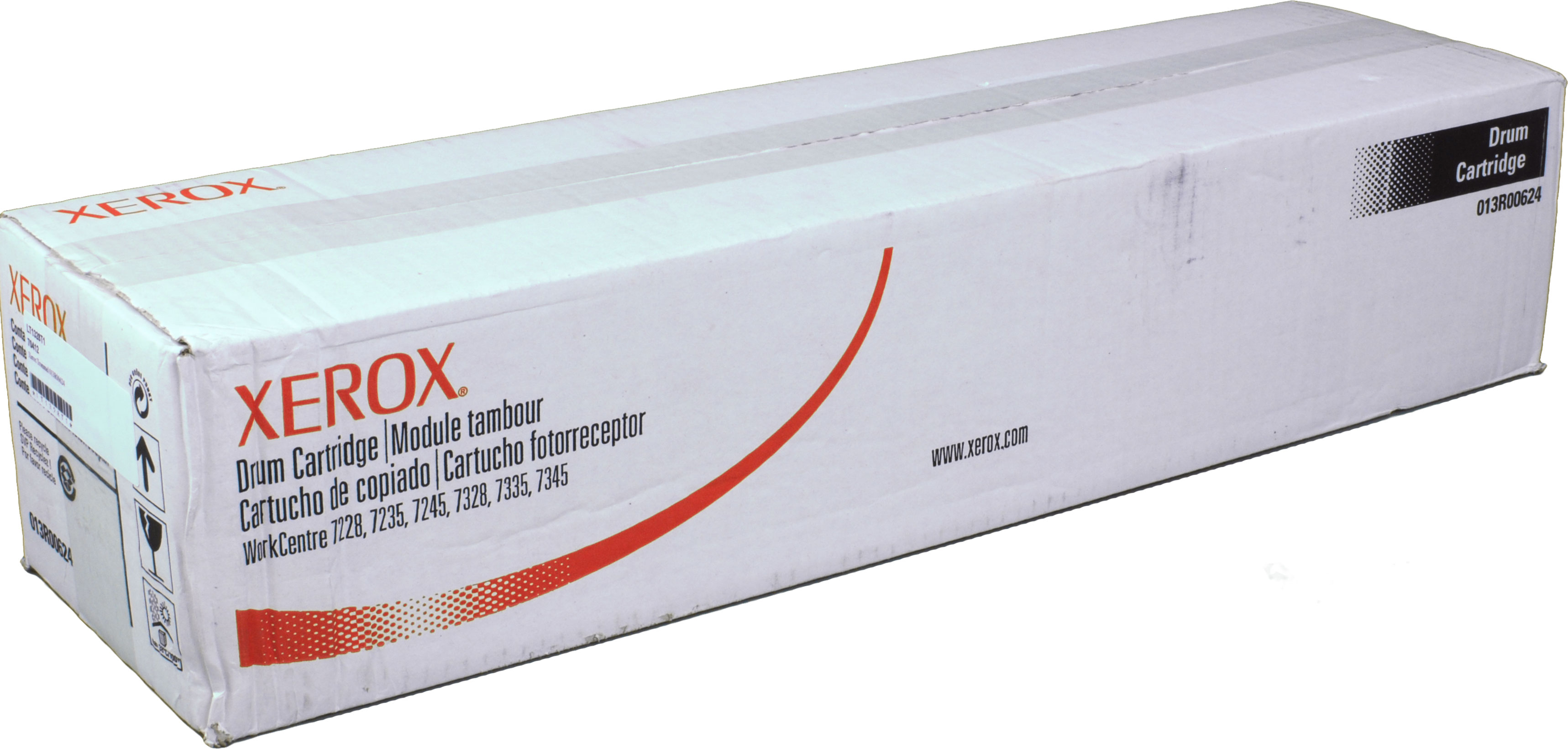 Weiße und braune Xerox-Box für eine Trommelkartusche, mit Xerox-Logo und Text.