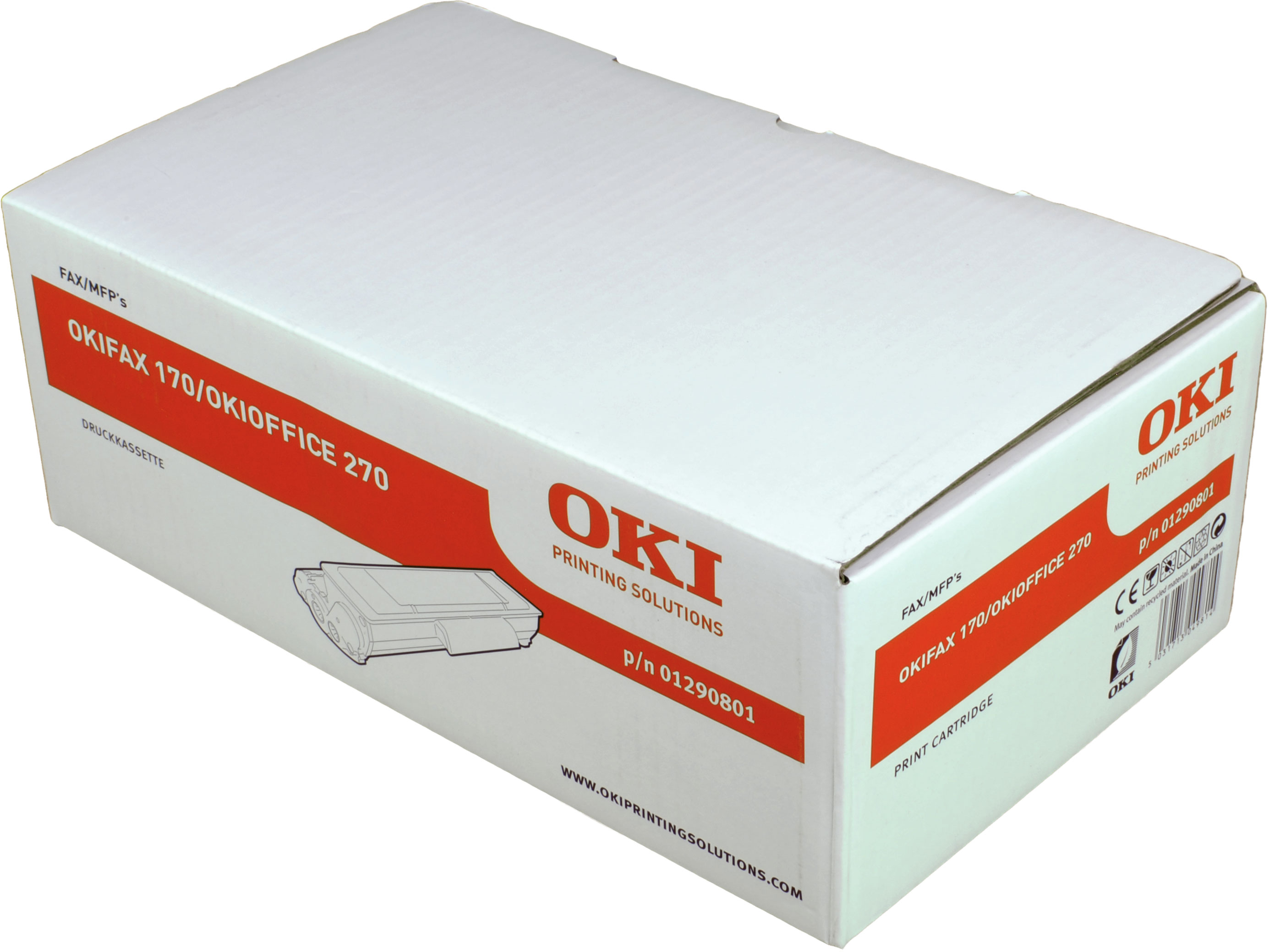 Una scatola bianca con testo rosso e l'immagine di una cartuccia per stampante. La scatola dice 'OKI PRINTING SOLUTIONS'.