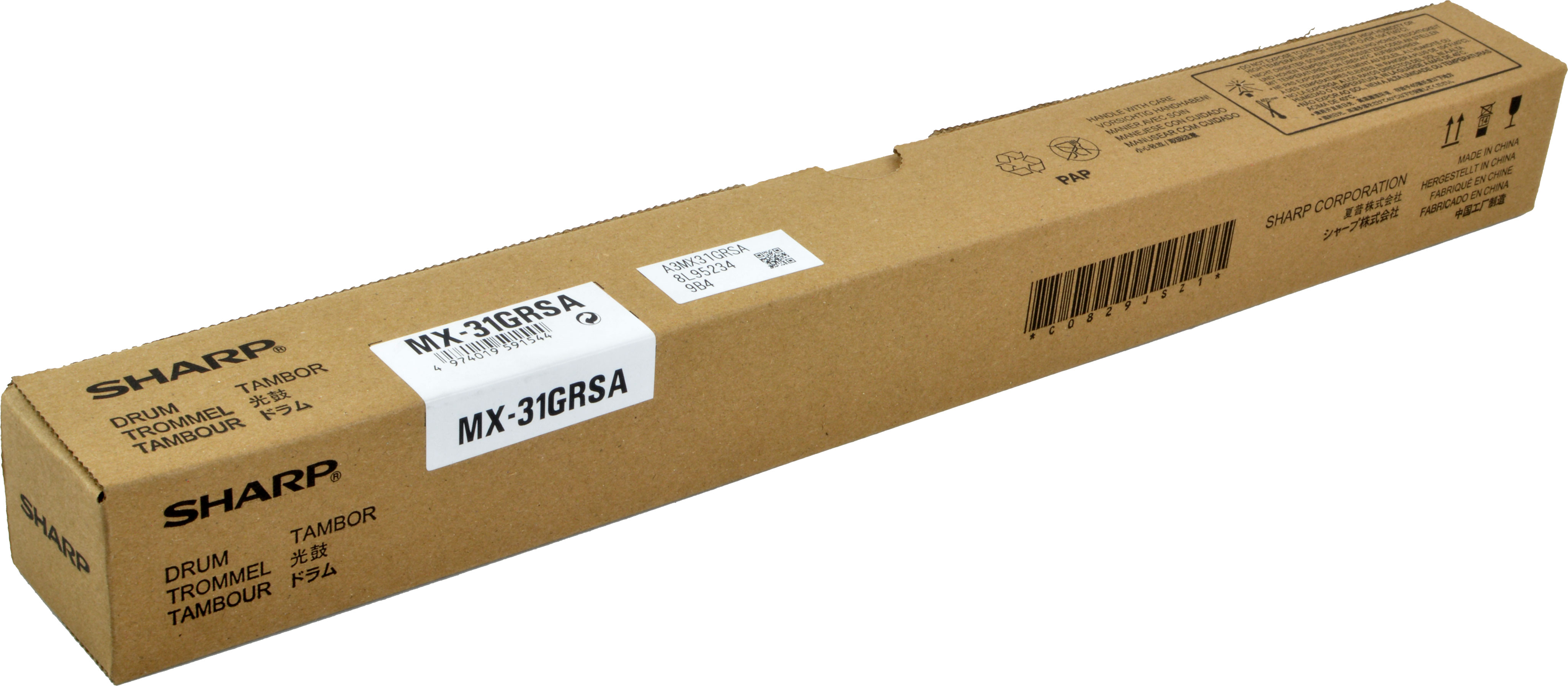 Scatola rettangolare marrone con testo SHARP e informazioni sul prodotto. L'etichetta riporta MX-31GRSA.