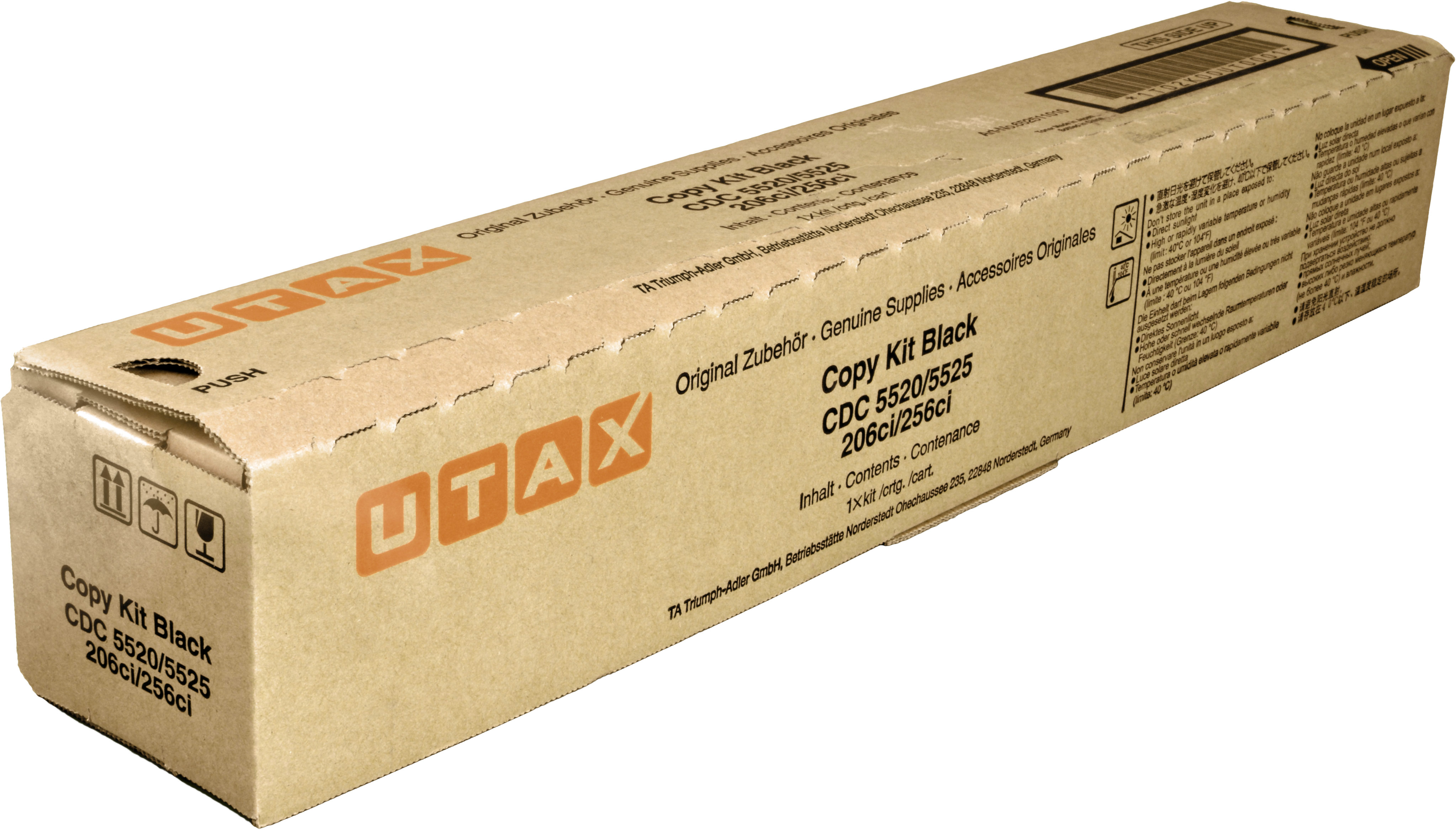 Una scatola di cartone con stampato 'Copy Kit Black', con testo e simboli.