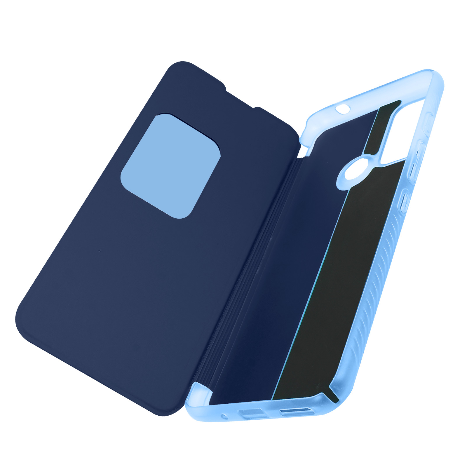 Custodia blu per telefono, aperta. Cornice interna azzurra, sezione nera, forma del telefono.