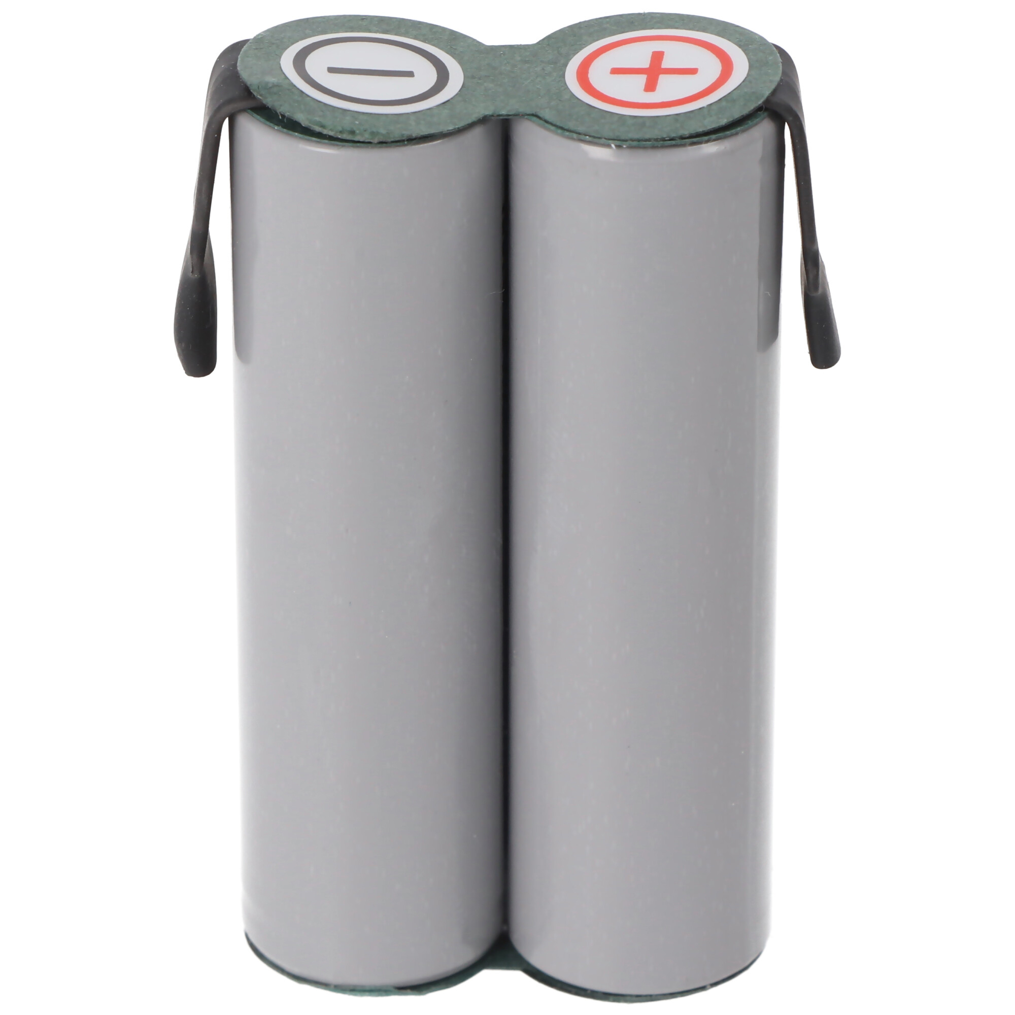 Zwei zylindrische Batterien mit Plus- und Minusmarkierungen.