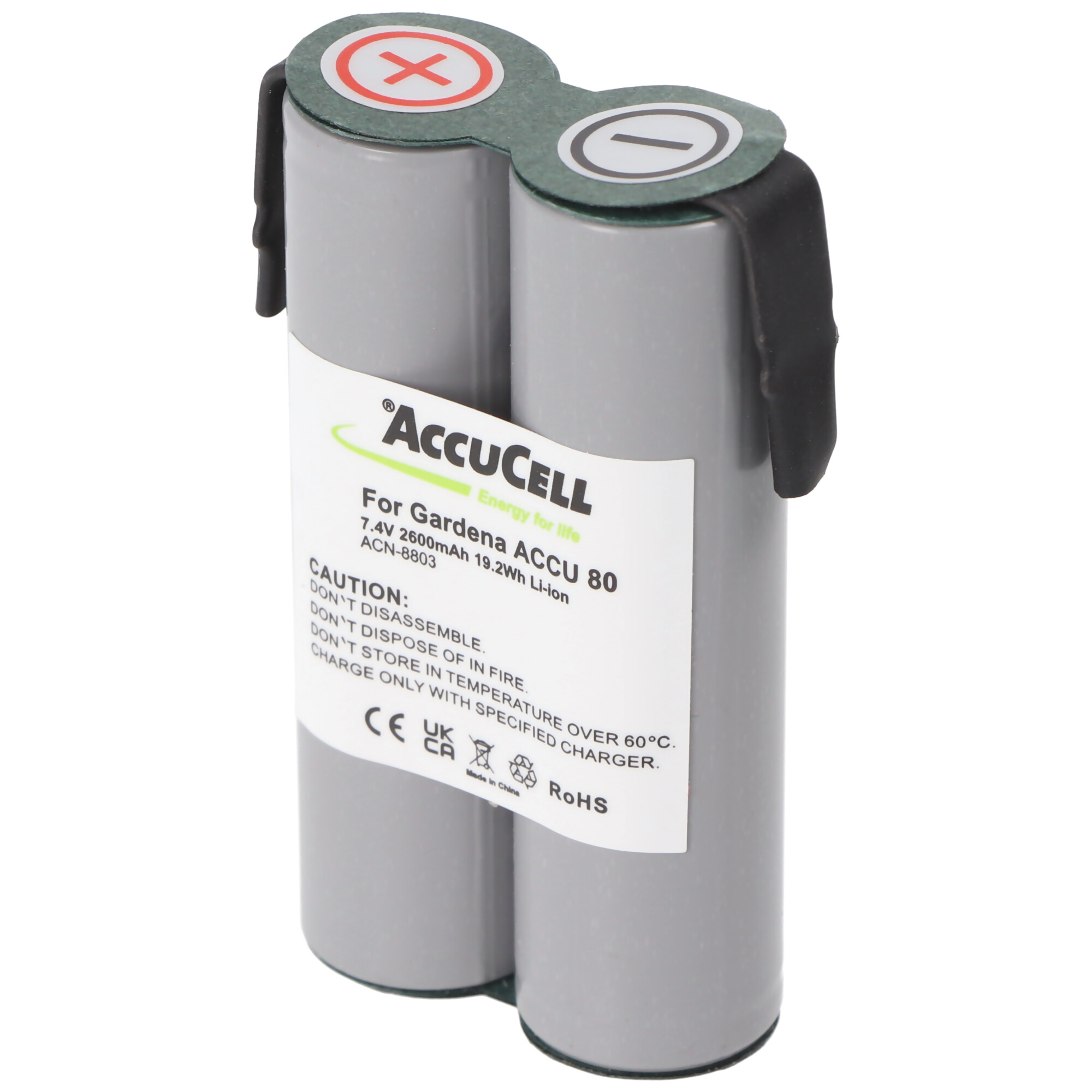 Zwei graue AccuCell-Batterien. Sie haben ein weißes Etikett mit Text und Warnsymbolen oben.
