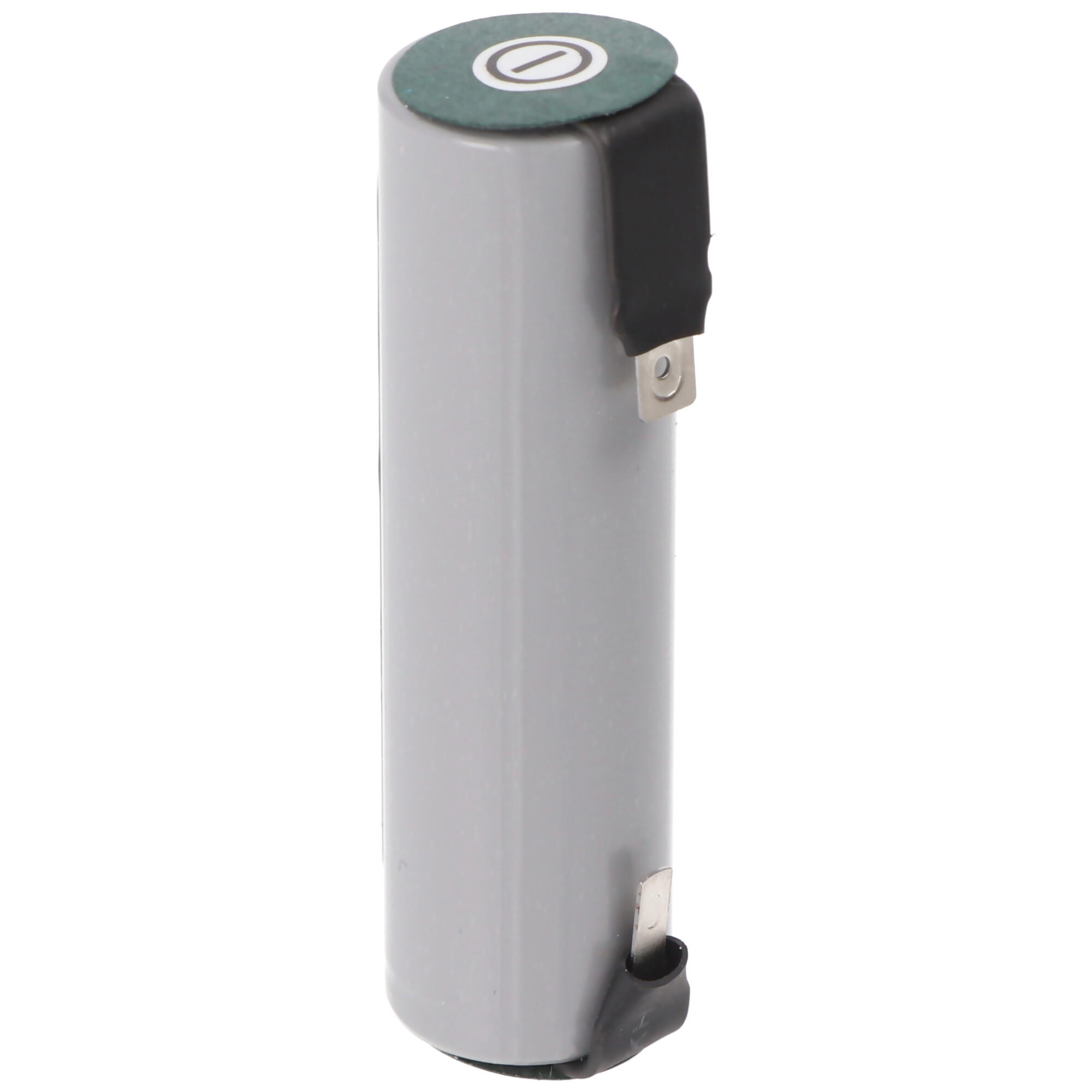 Eine graue zylindrische Batterie mit schwarzer Kappe und einem grünen Kreis oben. Hat Metallkontakte.