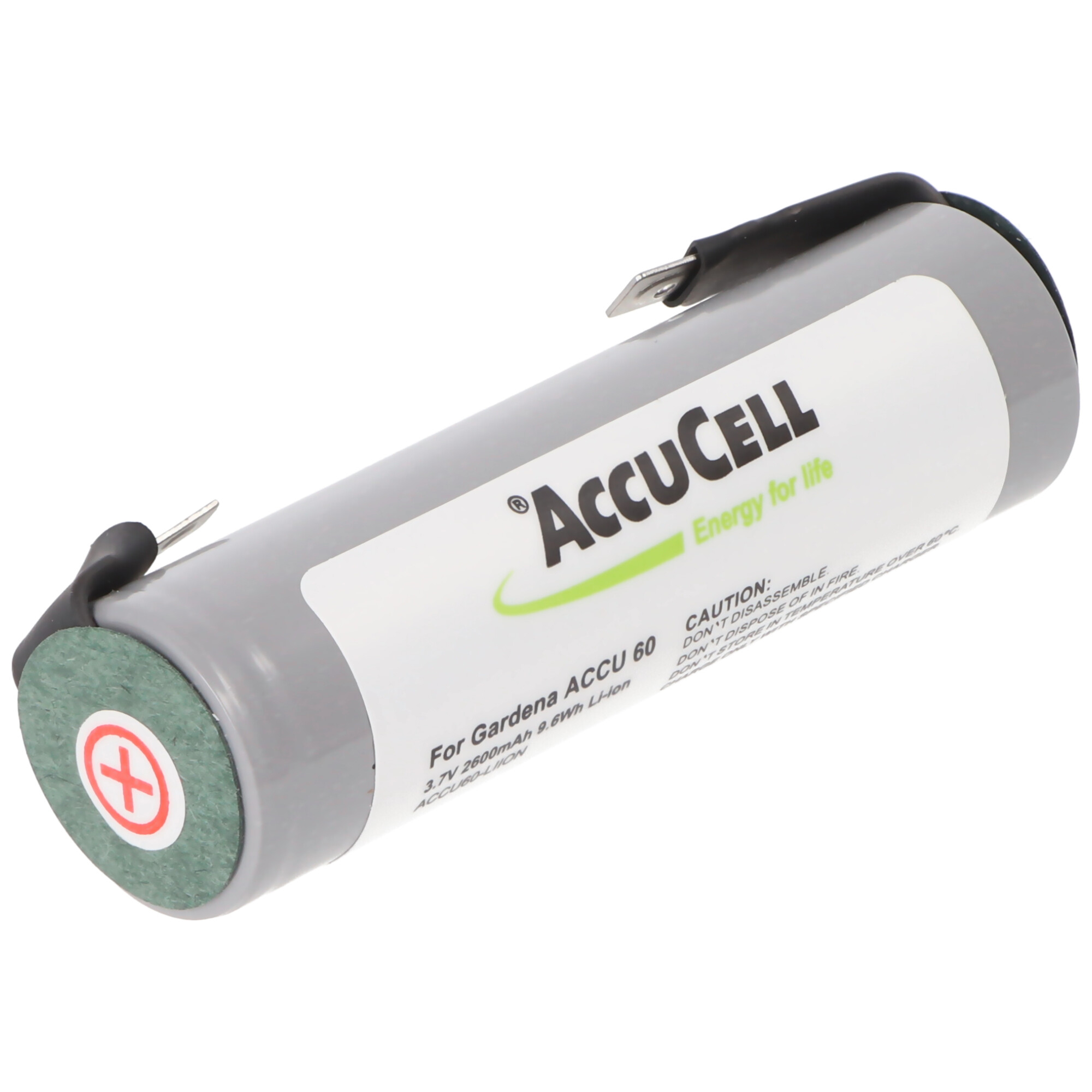 Graue AccuCell Batterie mit rotem Pluszeichen, weißem Etikett und schwarzen Anschlüssen.