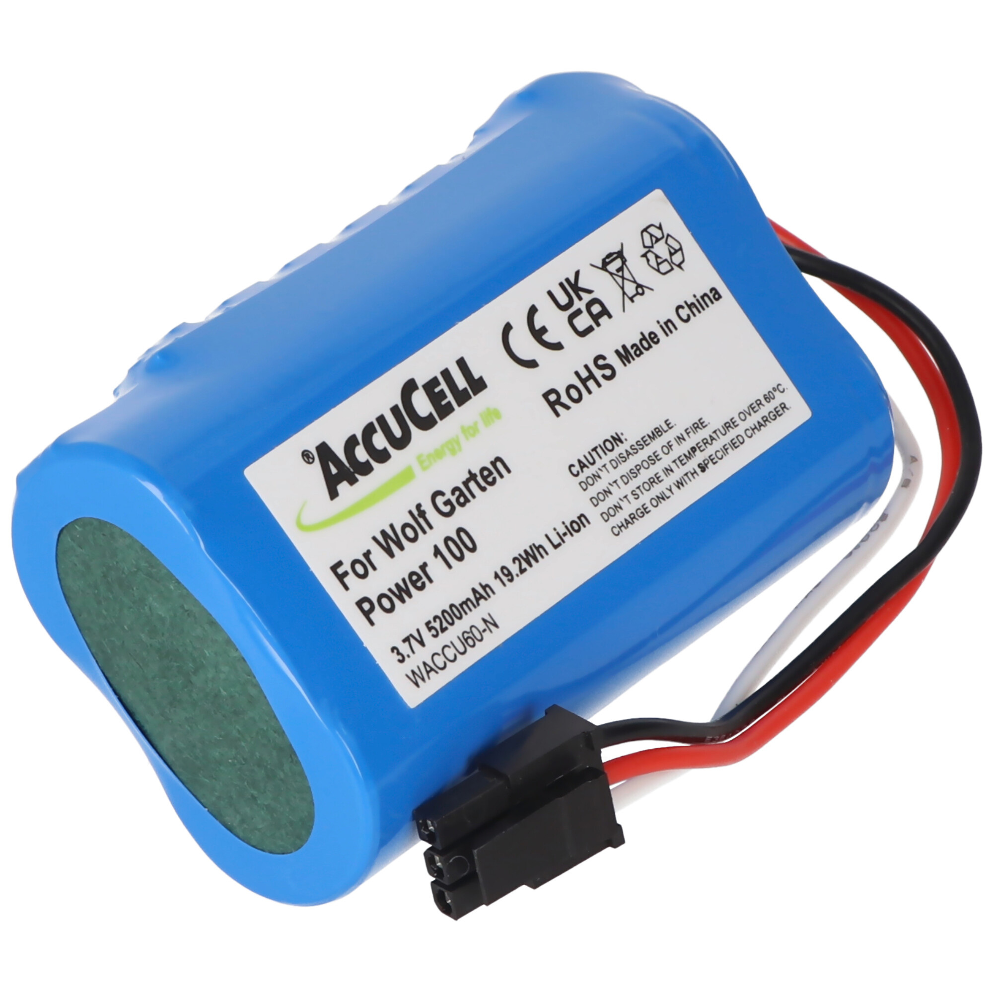 Eine blaue Batterie mit schwarzen und roten Drähten und einem schwarzen Stecker, beschriftet.