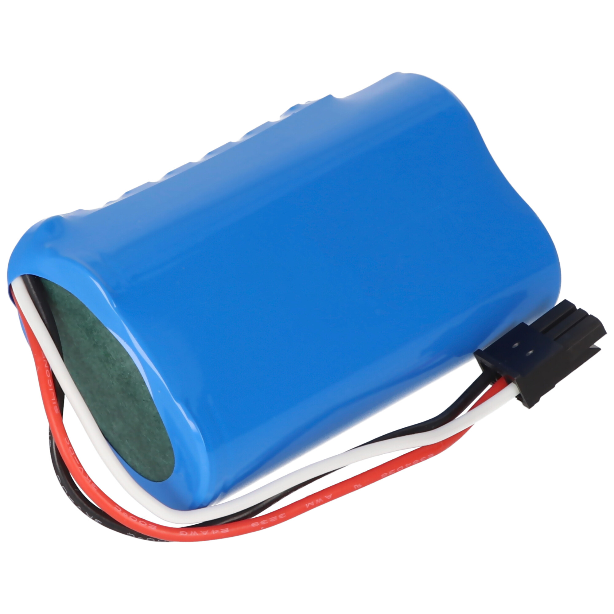 Blaue rechteckige Batterie mit Drähten und einem Stecker. Die Batterie ist blau mit einem schwarzen Stecker.