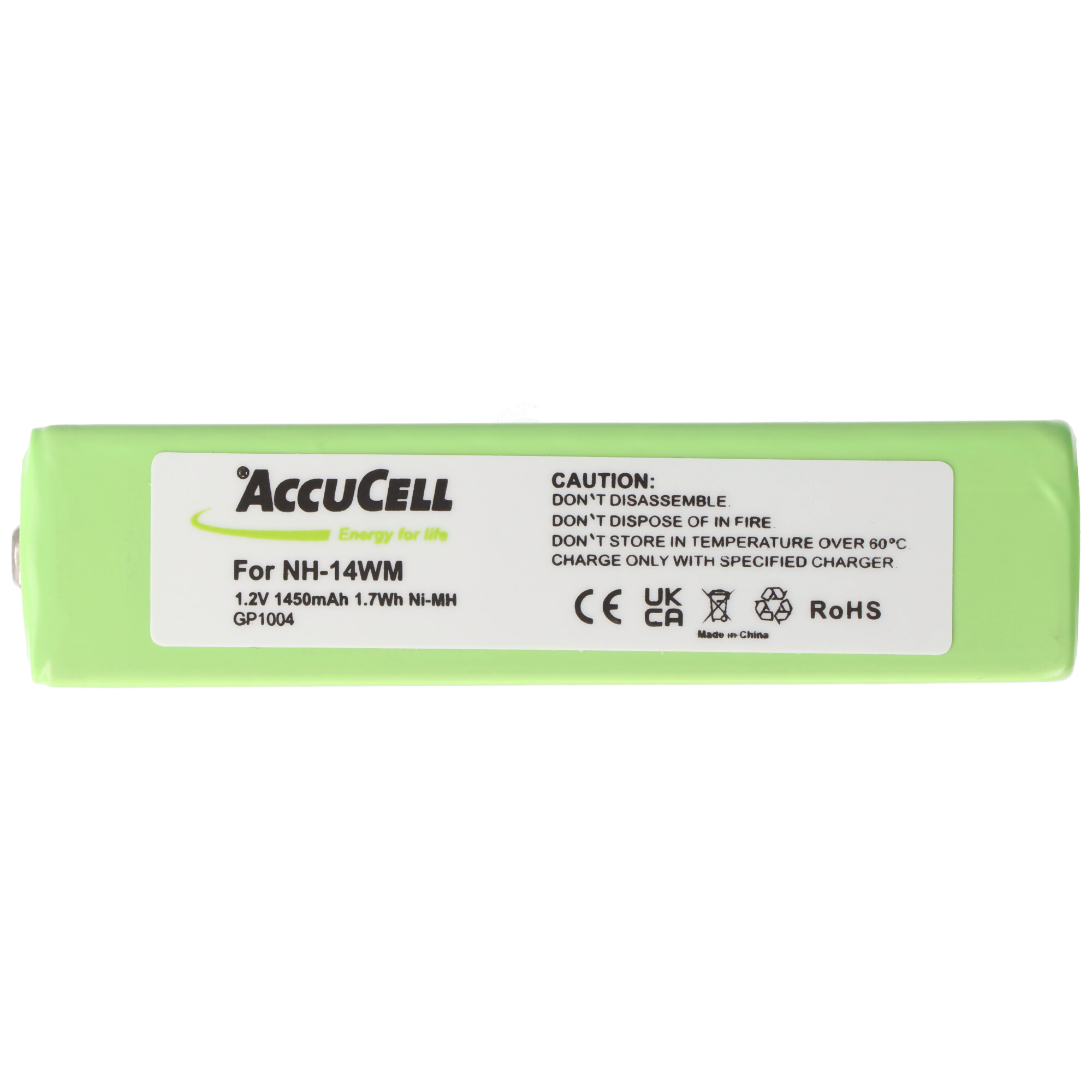 A green AccuCell battery with white text and a warning label. The background is plain white.