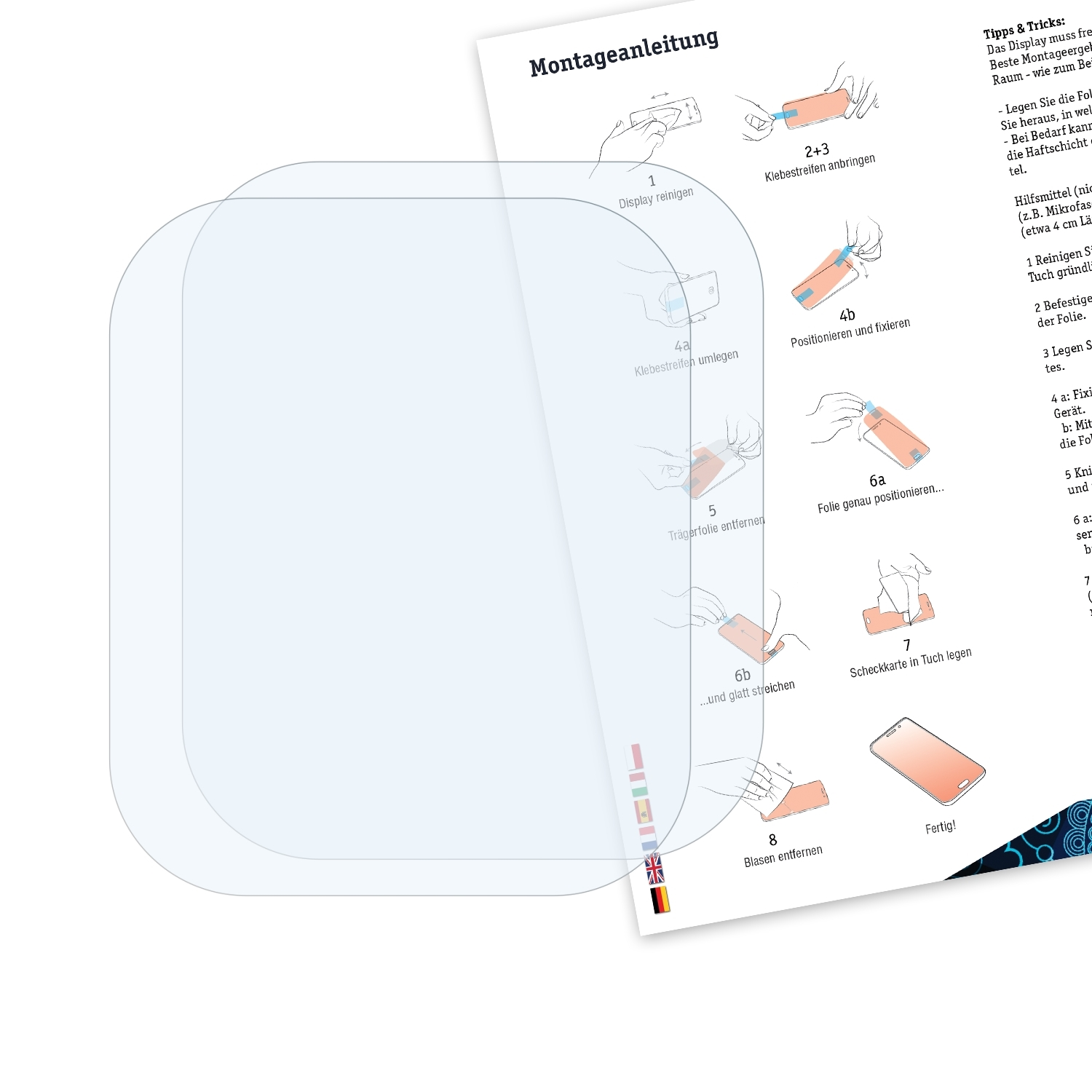 Anleitung zum Anbringen einer Displayschutzfolie. Das Bild zeigt die Schritte mit Illustrationen.