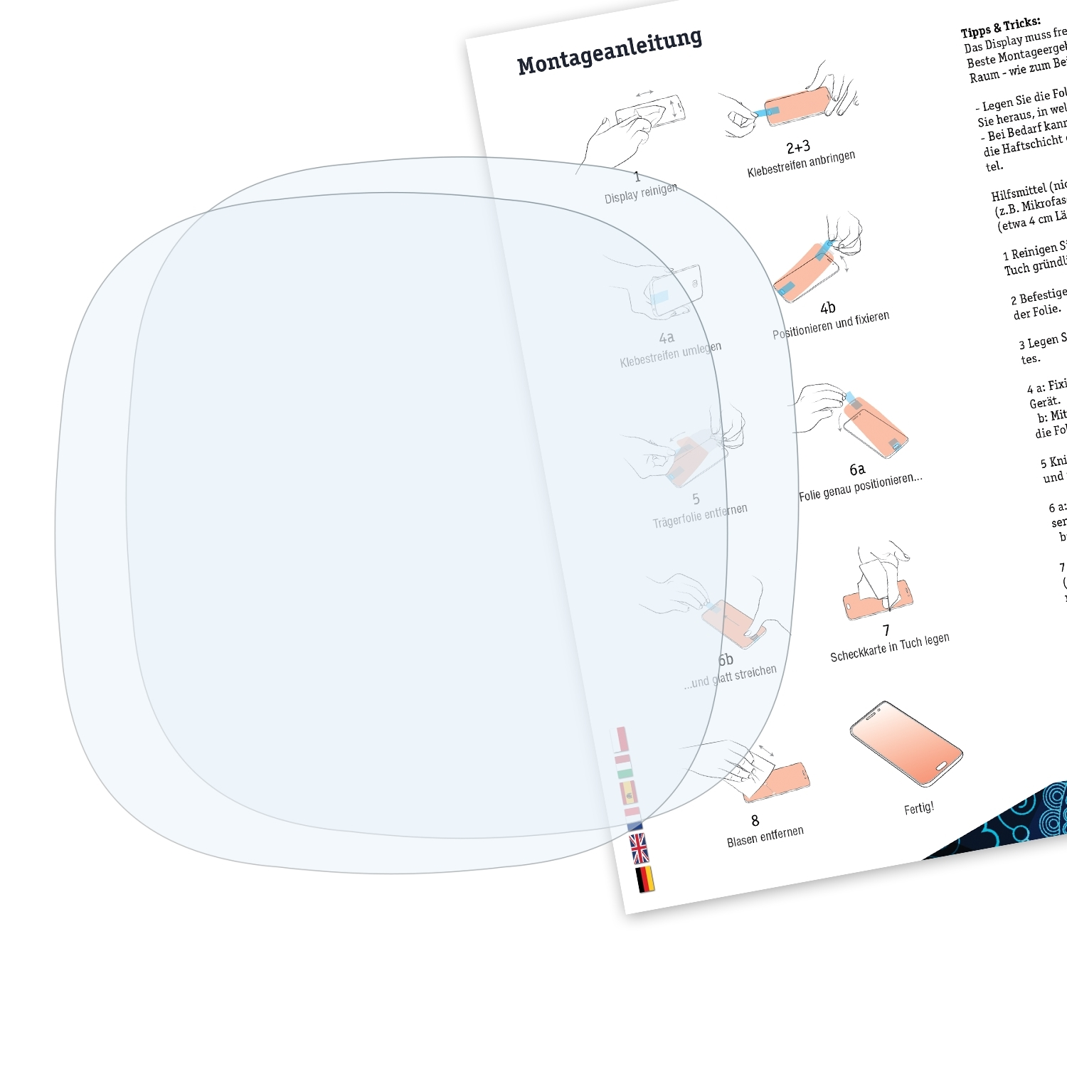 Hellblaue transparente Displayschutzfolie, mit Montageanleitung und Fahnen im Hintergrund.