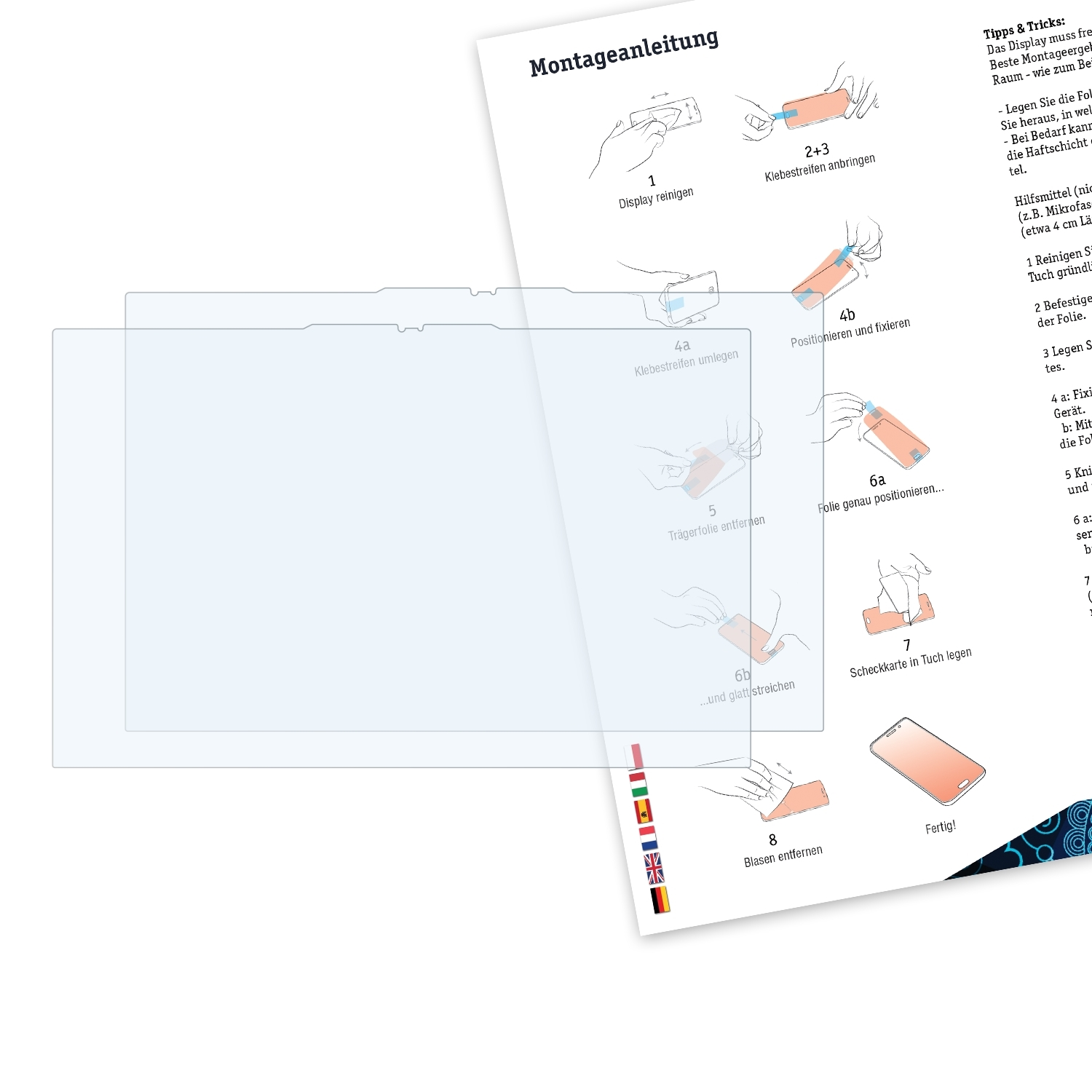 Eine Displayschutzfolie und ein Anleitungsblatt mit Diagrammen. Der Schutz ist transparent.