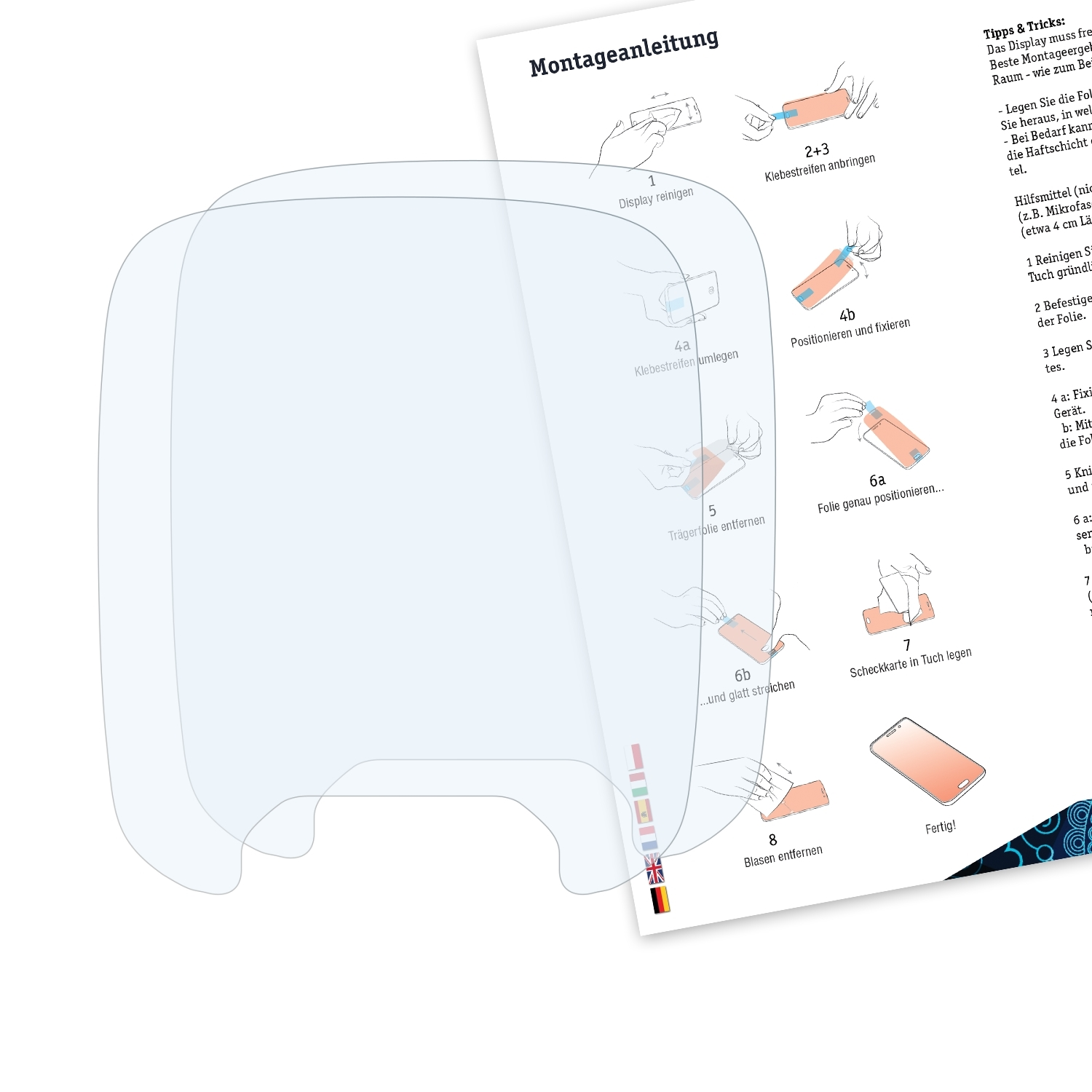 Eine Displayschutzfolie und ein Anleitungsblatt mit Diagrammen. Der Schutz ist transparent.
