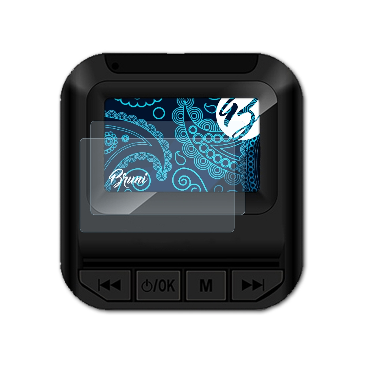 MP3-Player mit Displayschutz, blaues Paisley-Design auf dem Bildschirm.