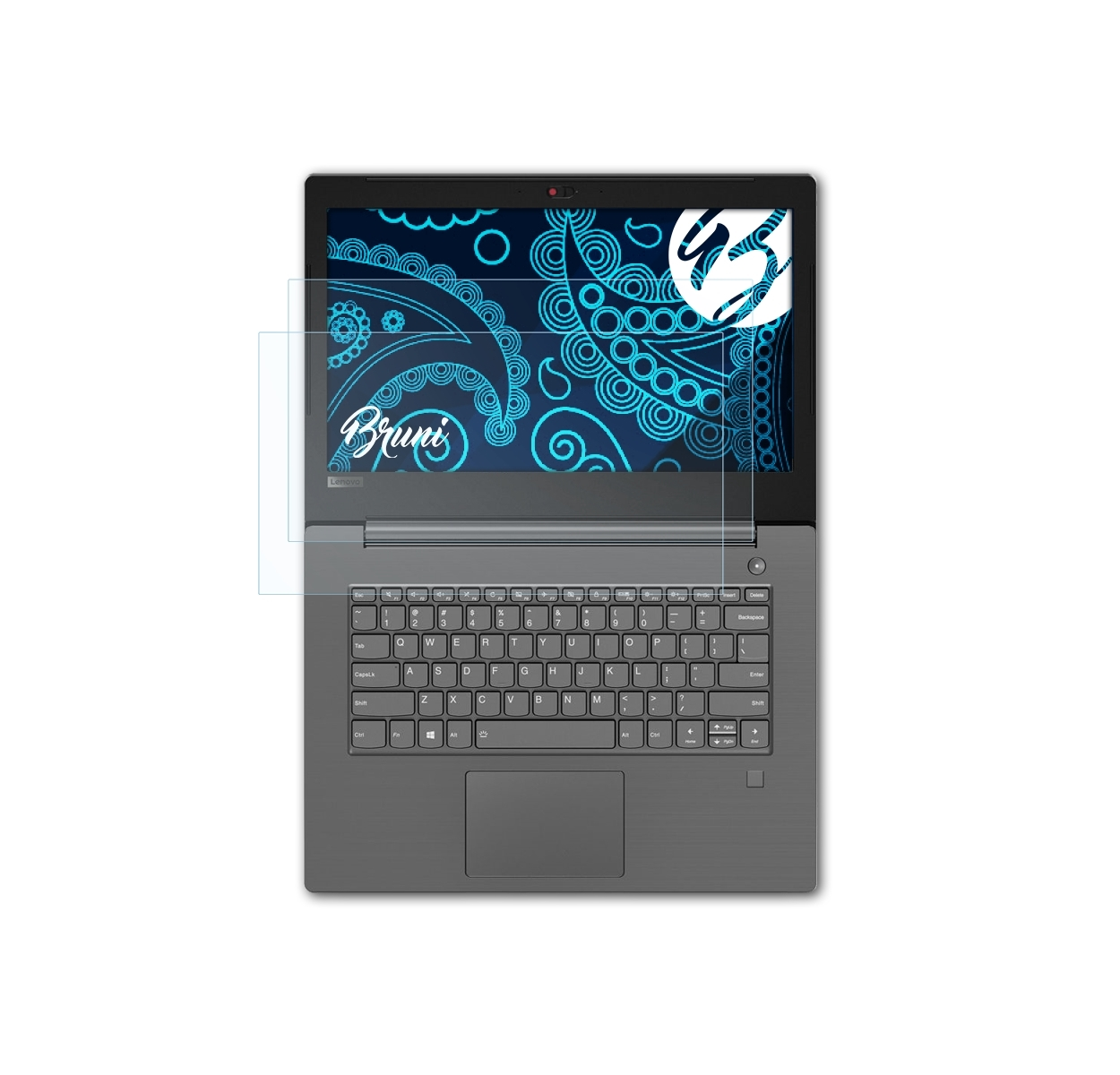 Laptop mit Displayschutz. Grauer Laptop, blaues Paisley-Muster, klarer Schutz.