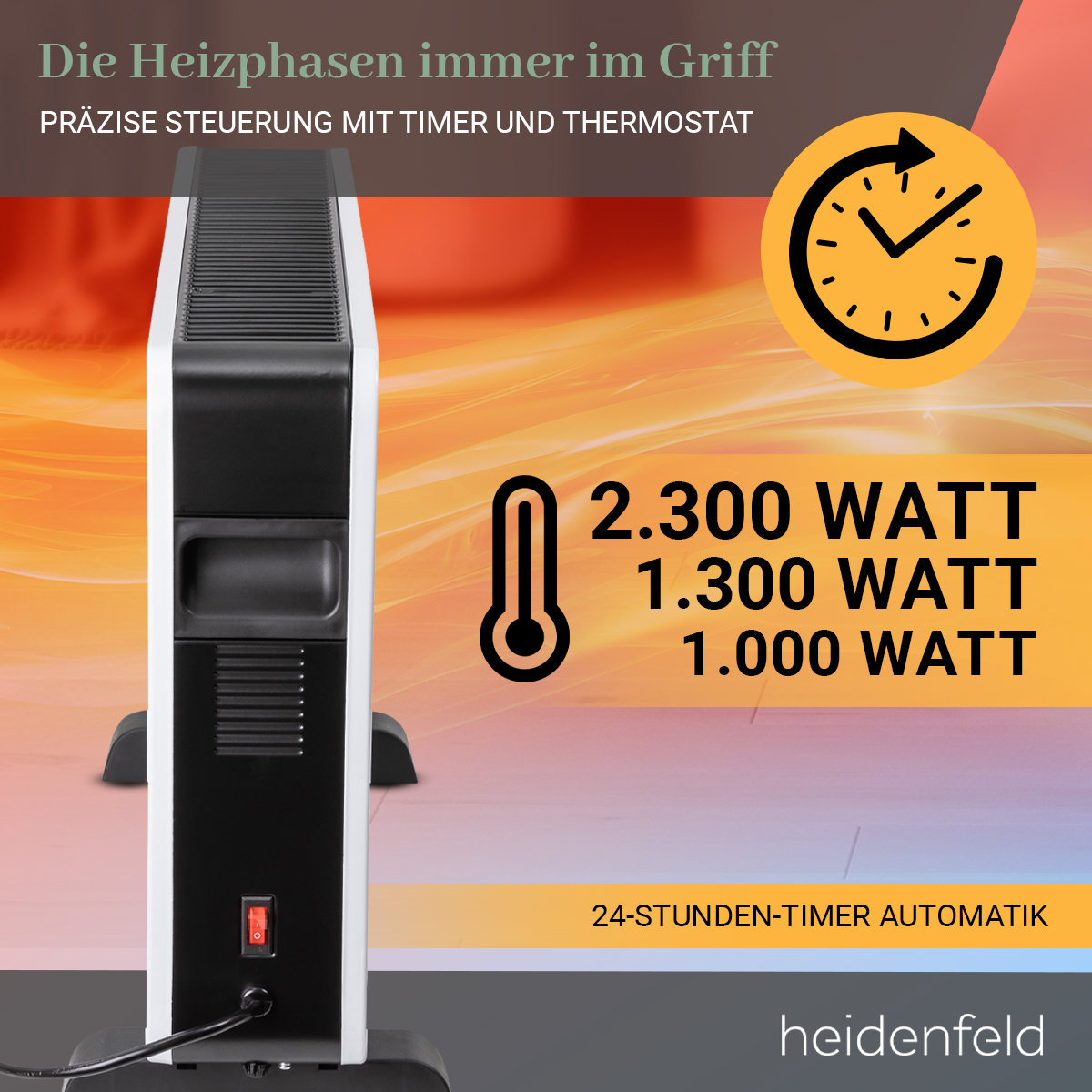 Ein weiß-schwarzer Heizlüfter mit Ein/Aus-Schalter und Timer. Der Hintergrund hat orange und gelbe Farben.