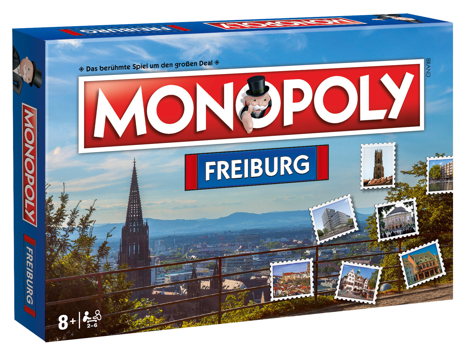 Monopoly Freiburg Box. Stadtansicht mit Gebäudestempeln. Spiel für 8+ und 2-6 Spieler.
