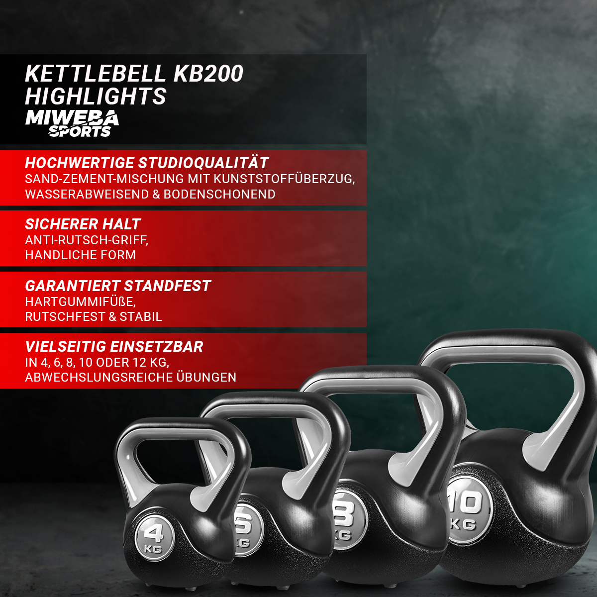 Drei schwarze Kettlebells. Text hebt Studioqualität, sicheren Halt und vielseitige Verwendung hervor.