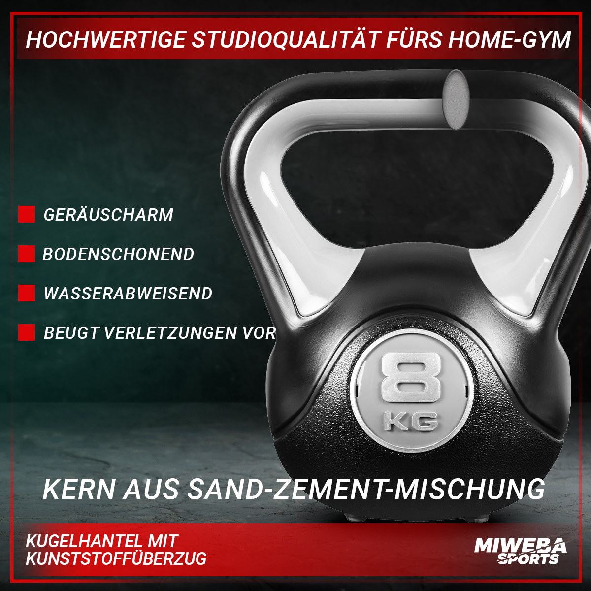 Schwarz-weiße Kettlebell mit Text auf dunklem Hintergrund.