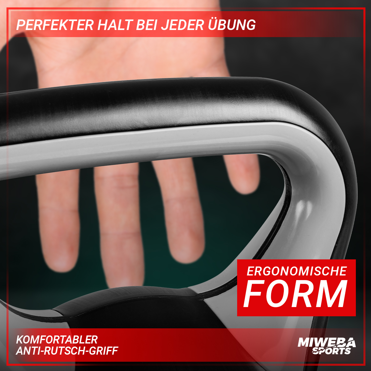 Hand hält einen schwarz-silbernen Griff. Text: Ergonomische Form, komfortabler Anti-Rutsch-Griff.