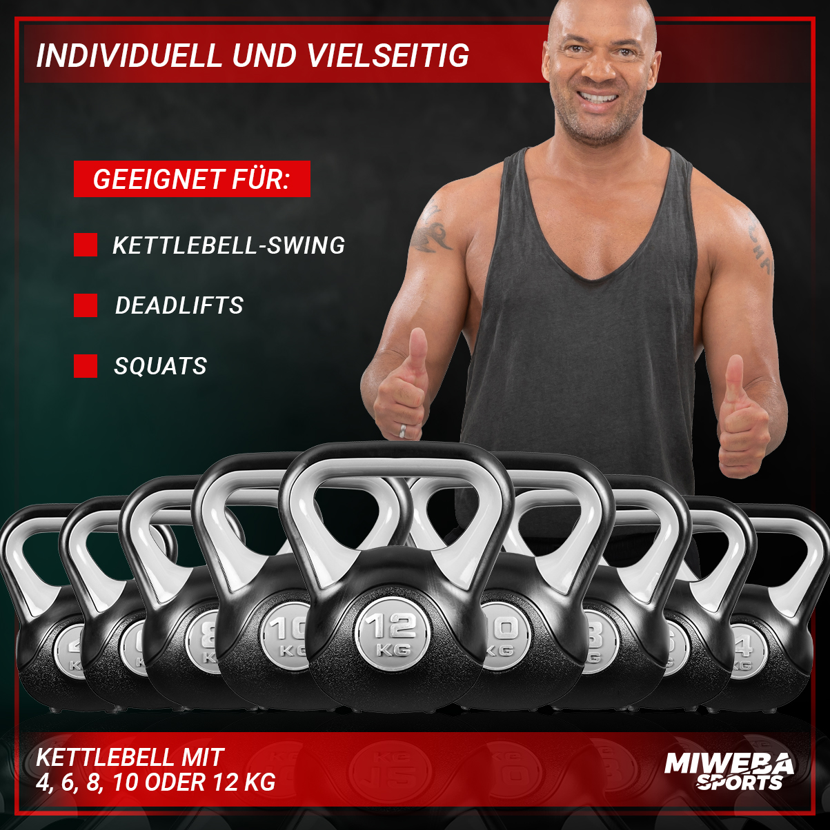 Mann zeigt Kettlebells, Text: Kettlebell mit 4, 6, 8, 10 oder 12 KG. Hintergrund: Schwarze Kettlebells.