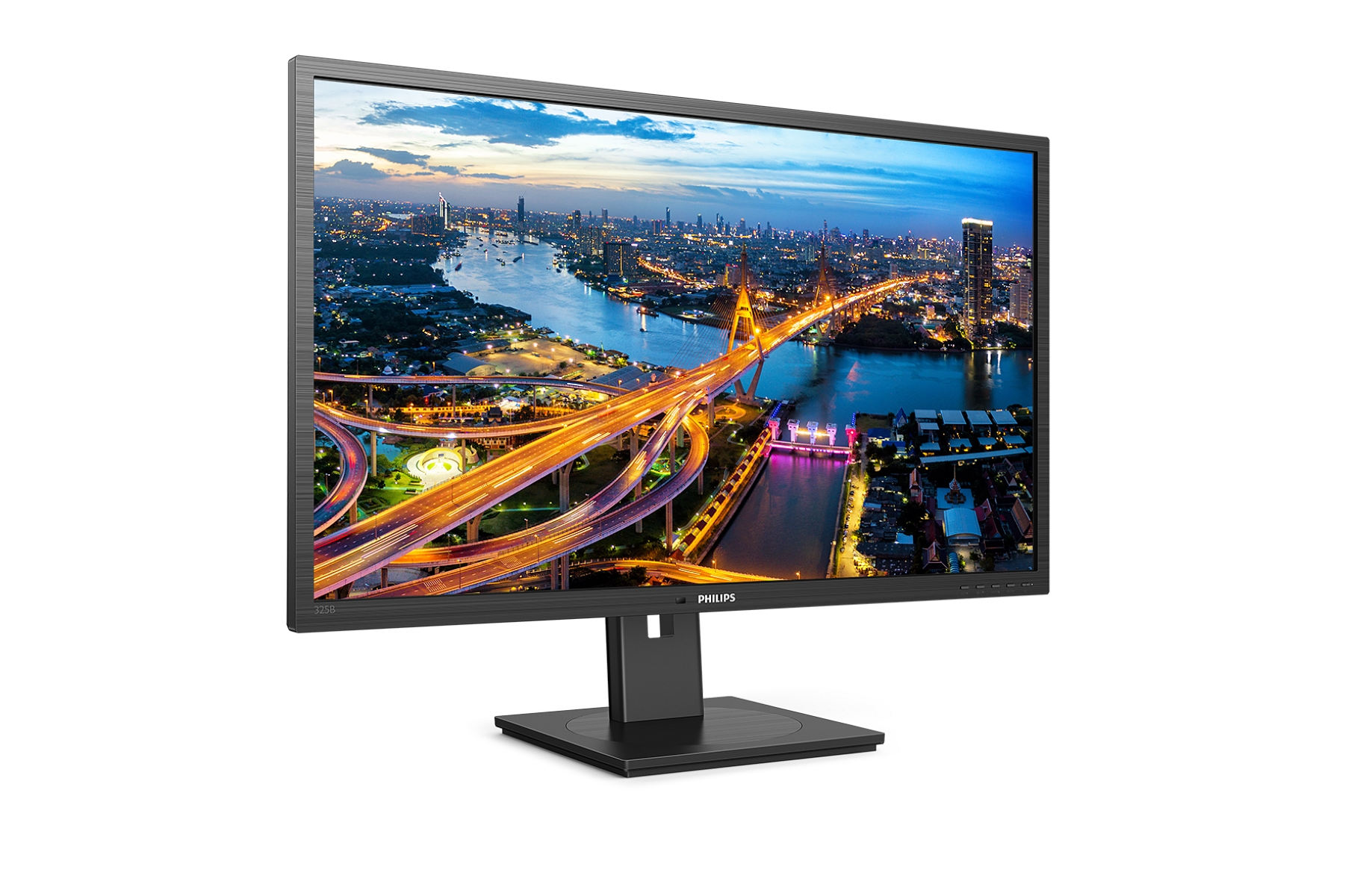 Monitor komputera wyświetlający krajobraz miejski. Monitor jest czarny z czarną podstawą.