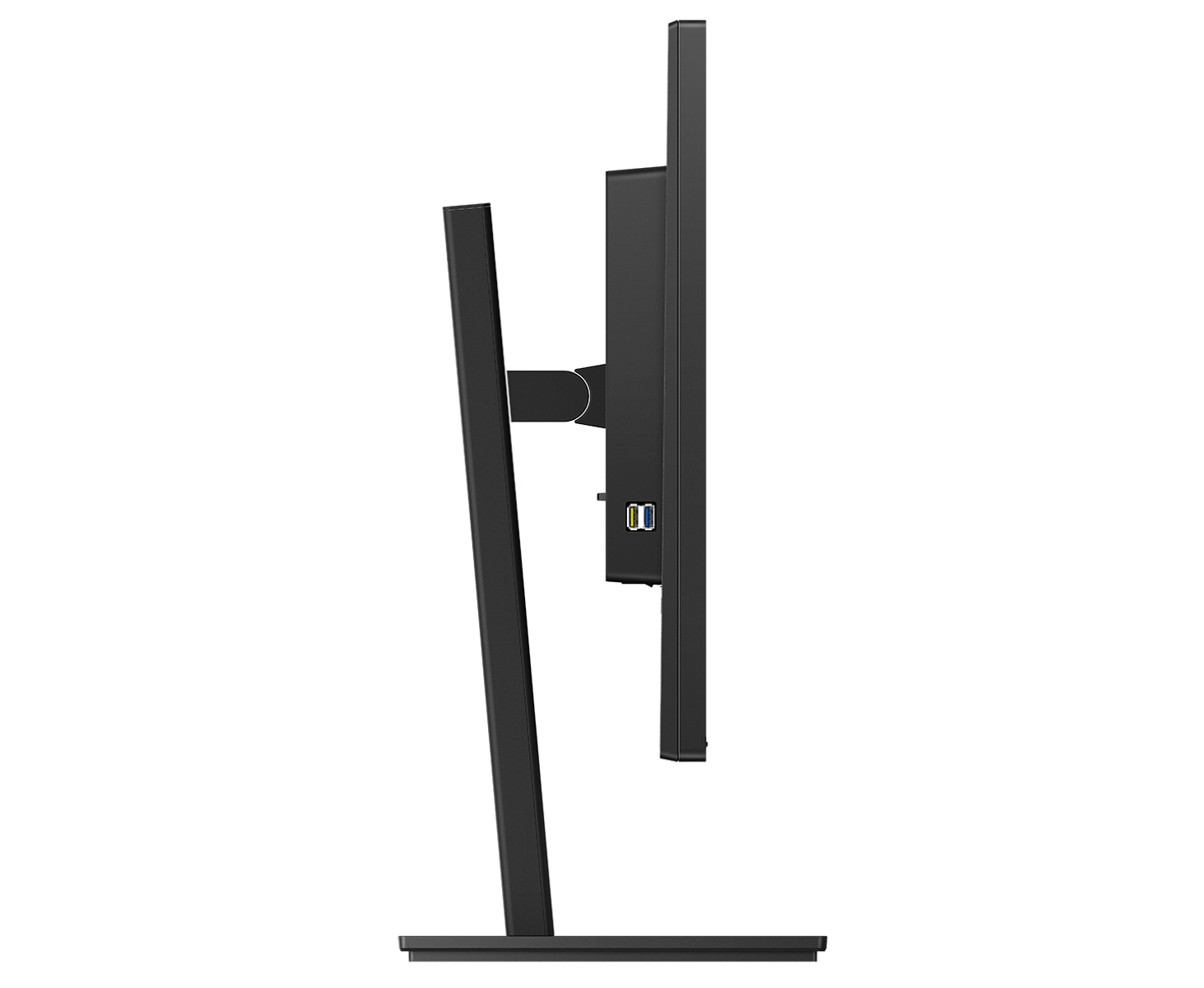 Widok z boku czarnego monitora komputera z czarną podstawą. Widoczne porty USB.