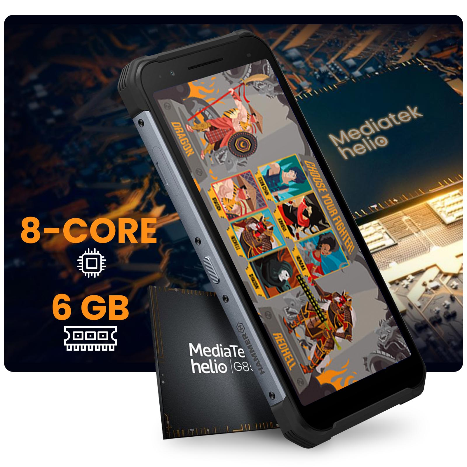 Wytrzymały telefon z 8 rdzeniami, 6 GB i ilustracjami na ekranie.