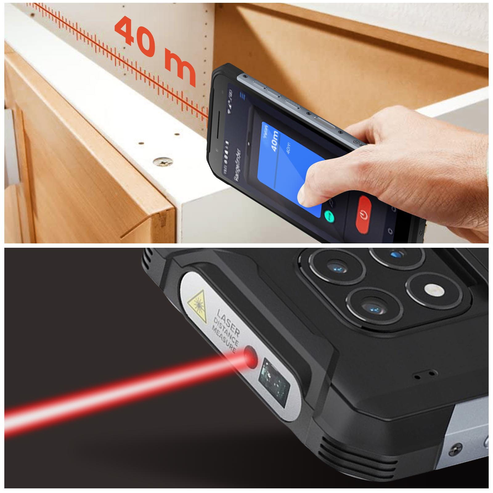 Osoba używająca aplikacji dalmierza laserowego w telefonie do pomiaru odległości do białej powierzchni.