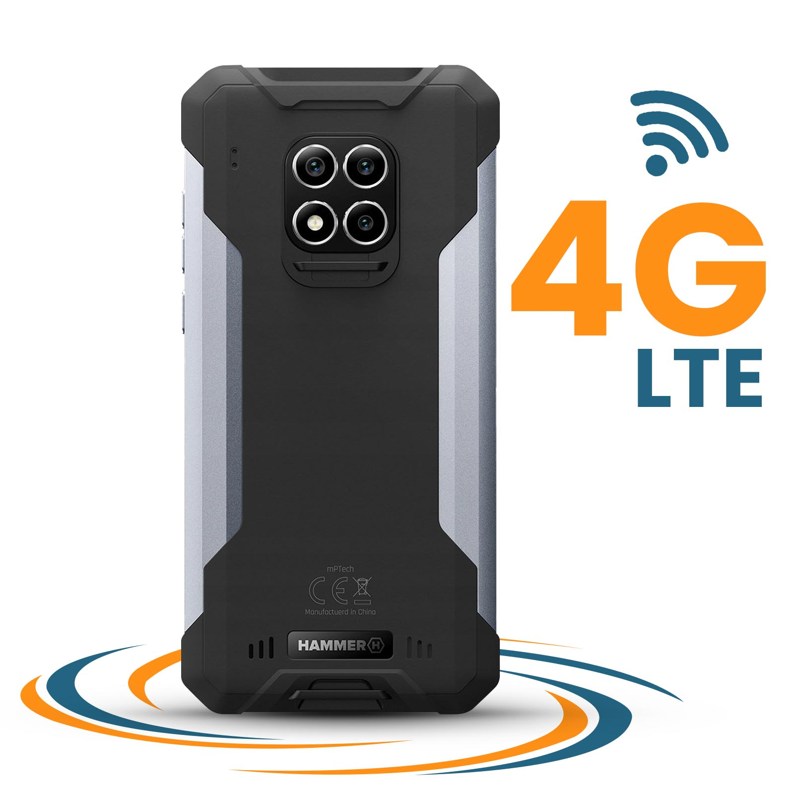 Czarny i szary telefon, poczwórny aparat i tekst 4G LTE na białym tle.