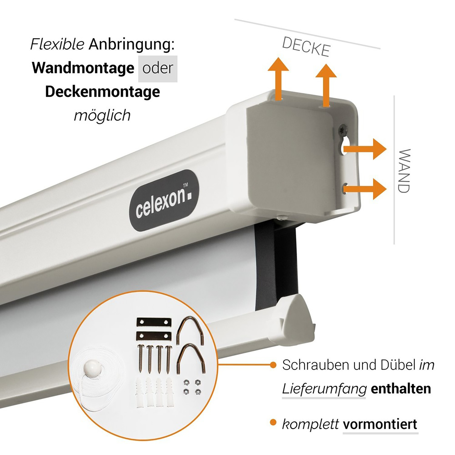 Eine weiße Projektionsleinwand. Text: Wand- oder Deckenmontage möglich. Hardware wird gezeigt.