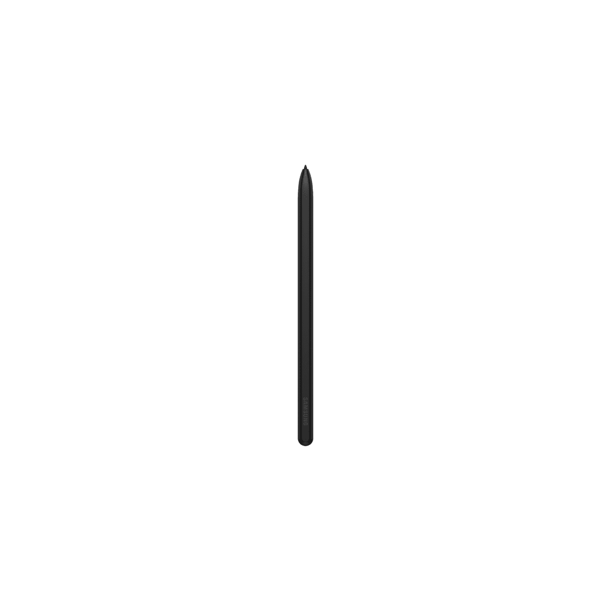Lápiz óptico negro. Es un bolígrafo largo, delgado y de color oscuro sobre un fondo blanco.