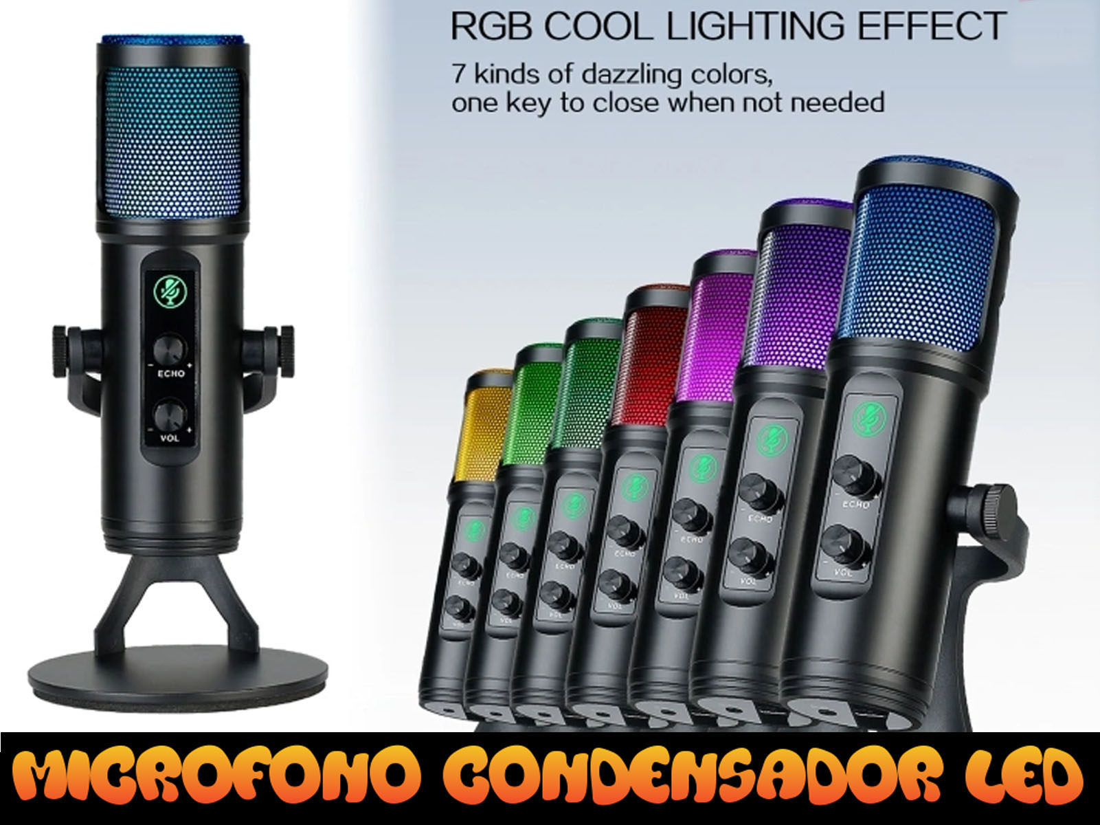 Micrófono negro con efecto de luz LED RGB y soporte, con otros micros coloridos.