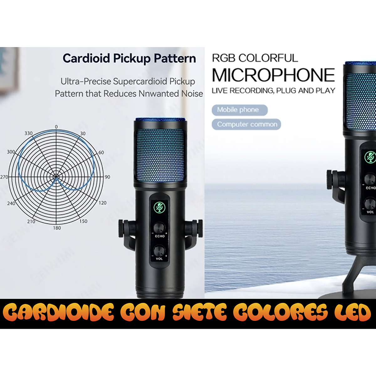 Micrófono negro con LED colorido. Texto: Patrón polar cardioide y Microfono RGB. Fondo: blanco.