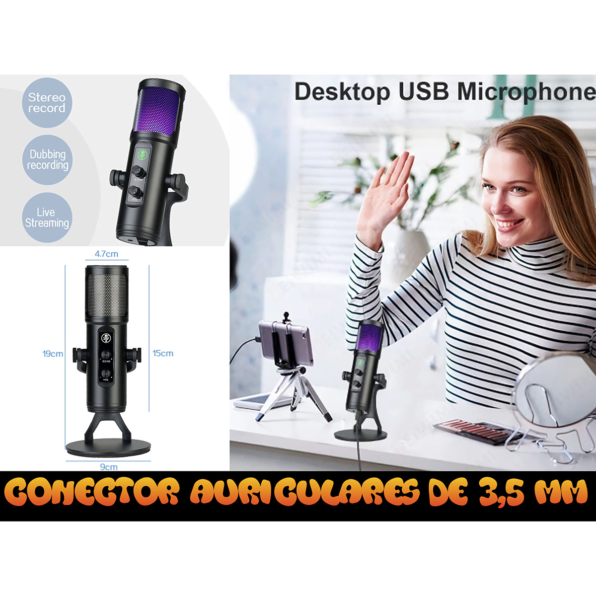 Micrófono USB de escritorio con accesorios. Mujer saludando detrás. Fondo blanco.