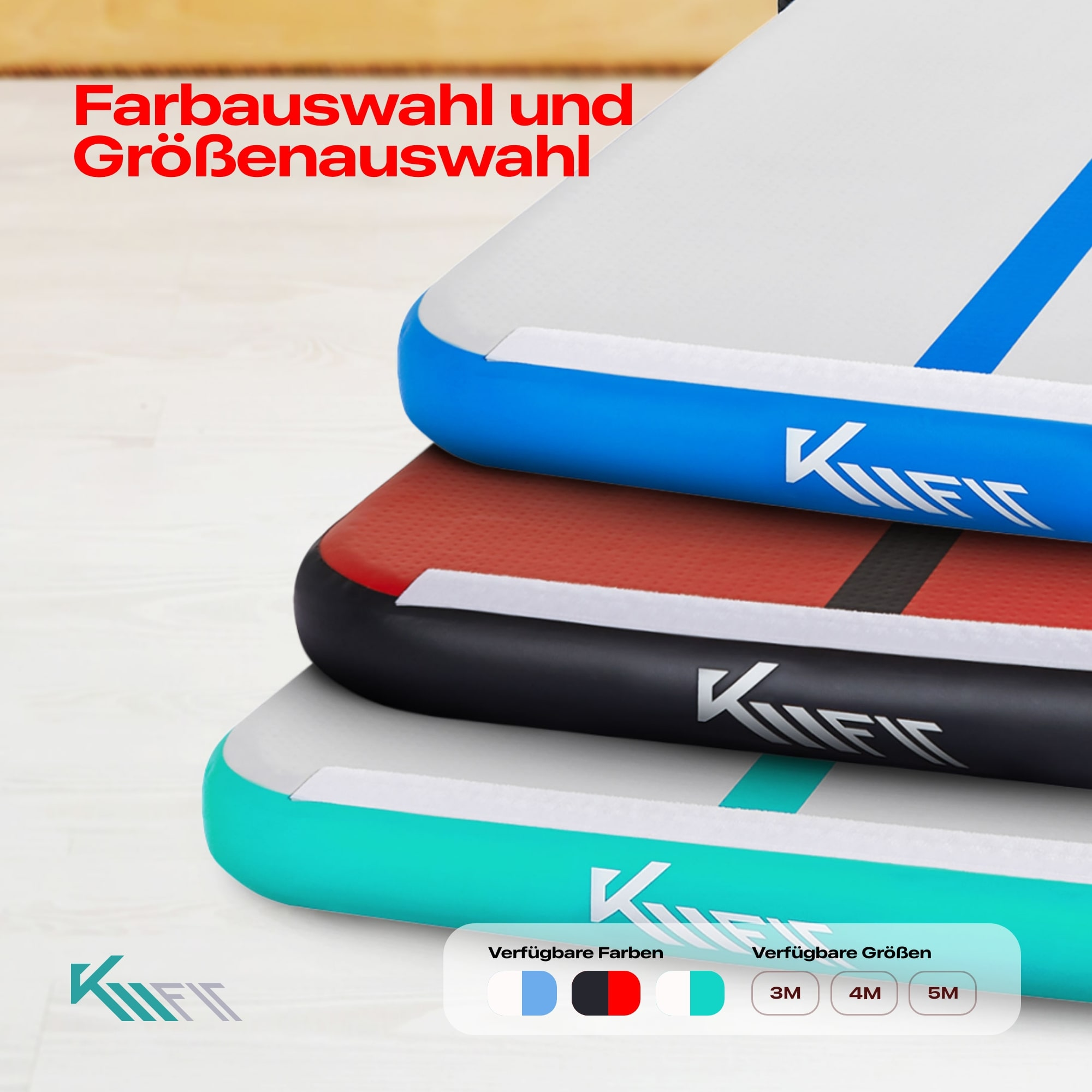Drei aufblasbare Matten, blau, rot und schwarz. Weißer Text und Farboptionen unten.