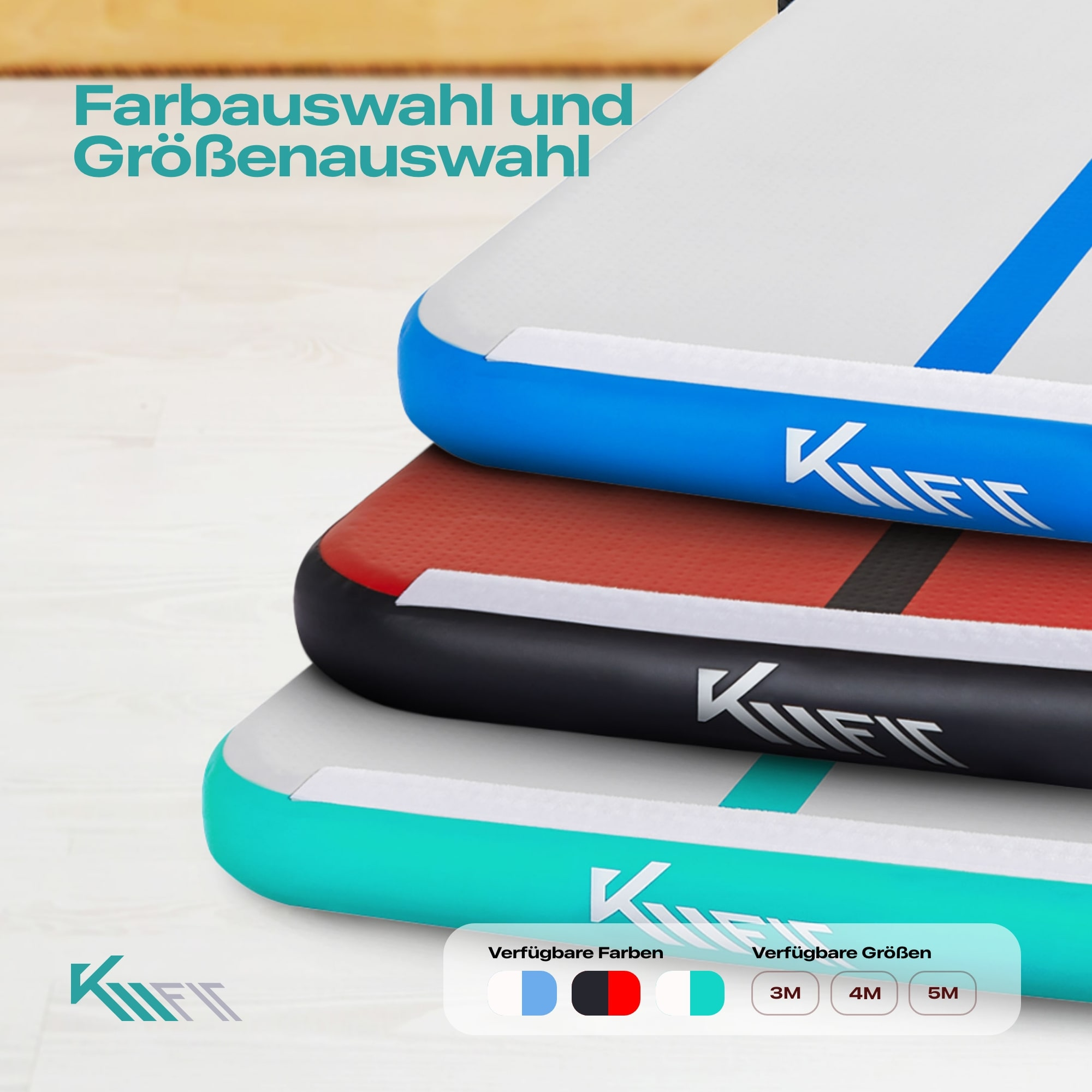 Luftmatten in Blau, Rot, Schwarz und Teal. Weißer Hintergrund.