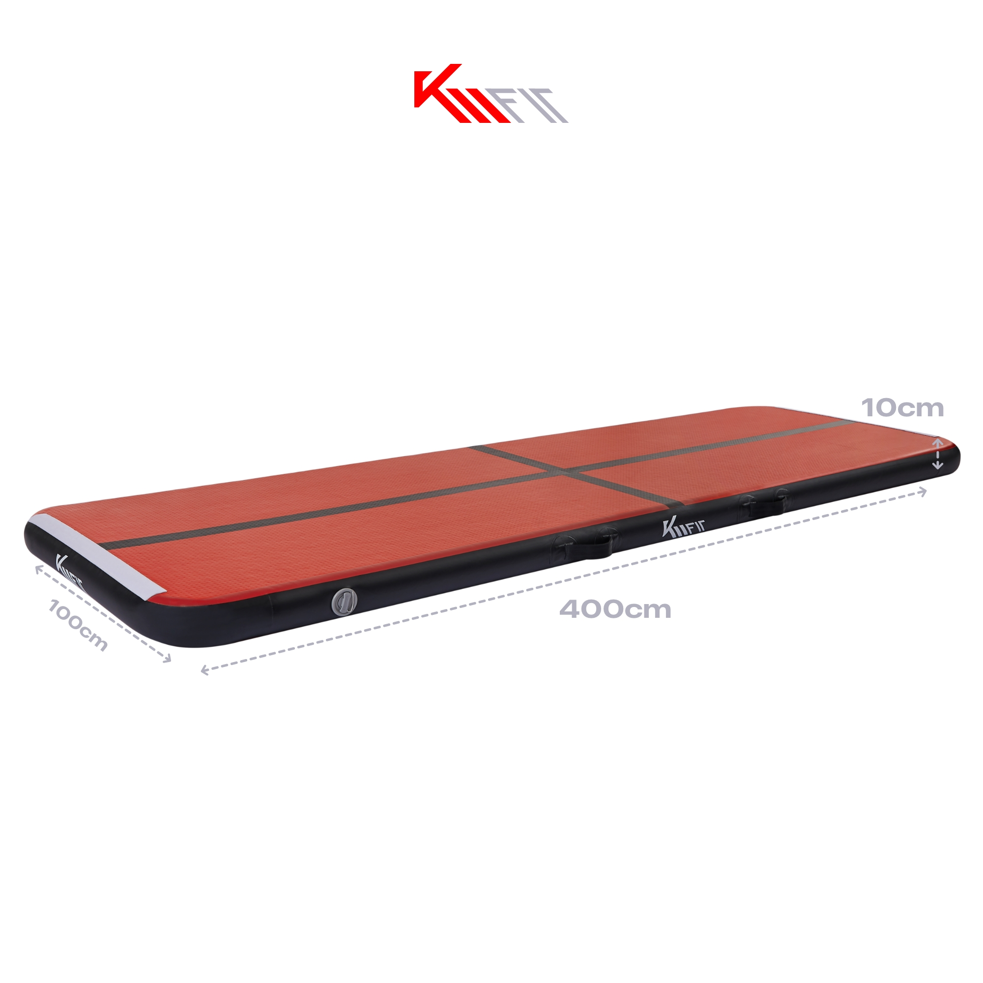 Rotes und schwarzes Airtrack für Gymnastik. Maße: 400cm lang, 100cm breit und 10cm hoch.