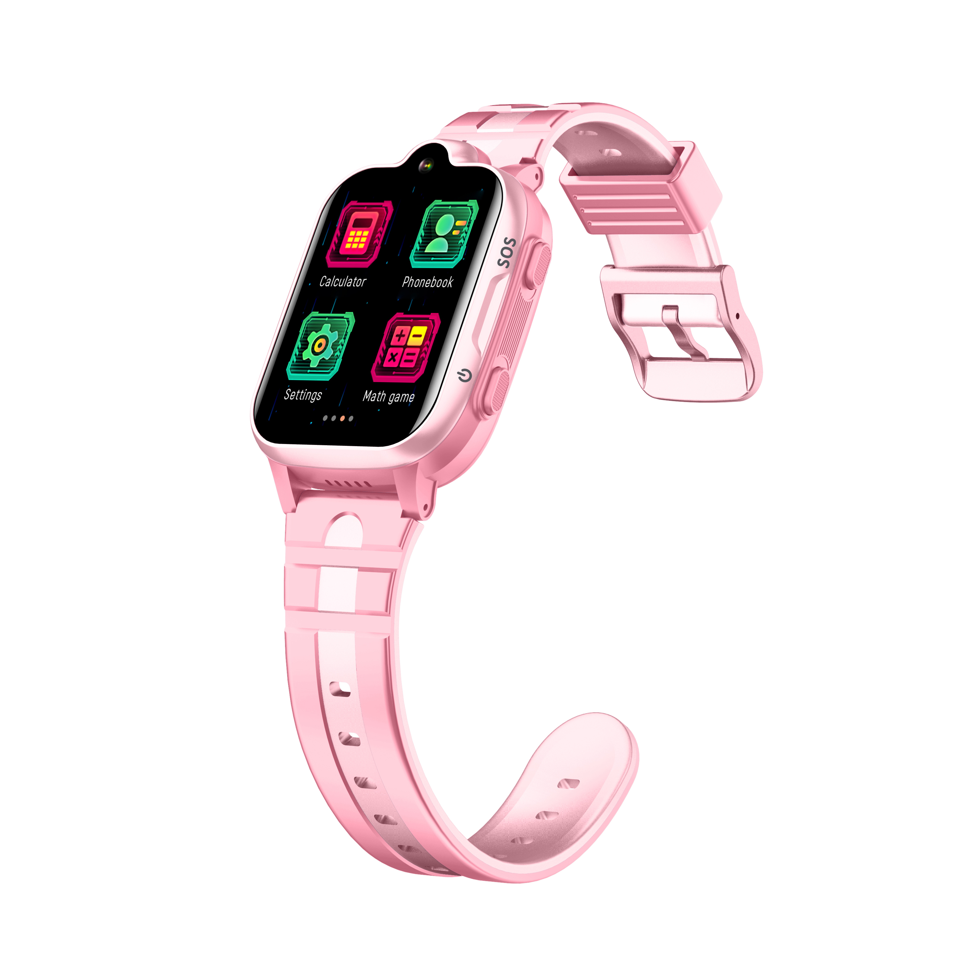 Smartwatch rosa con pantalla táctil. Iconos: calculadora, agenda, ajustes, juego de matemáticas. Fondo blanco.