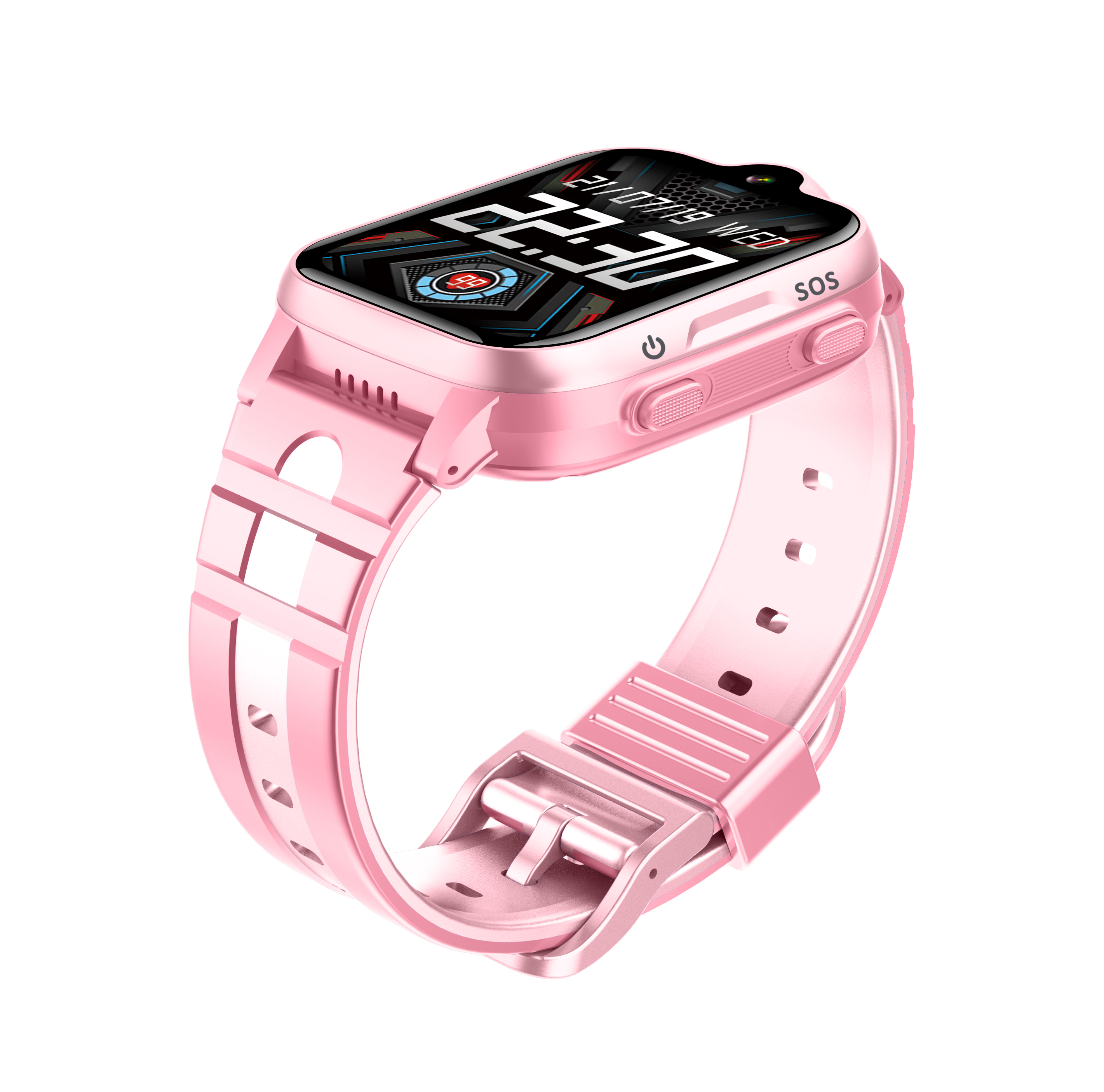 Smartwatch rosa con correa rosa. El reloj muestra la hora y la fecha. Fondo blanco.