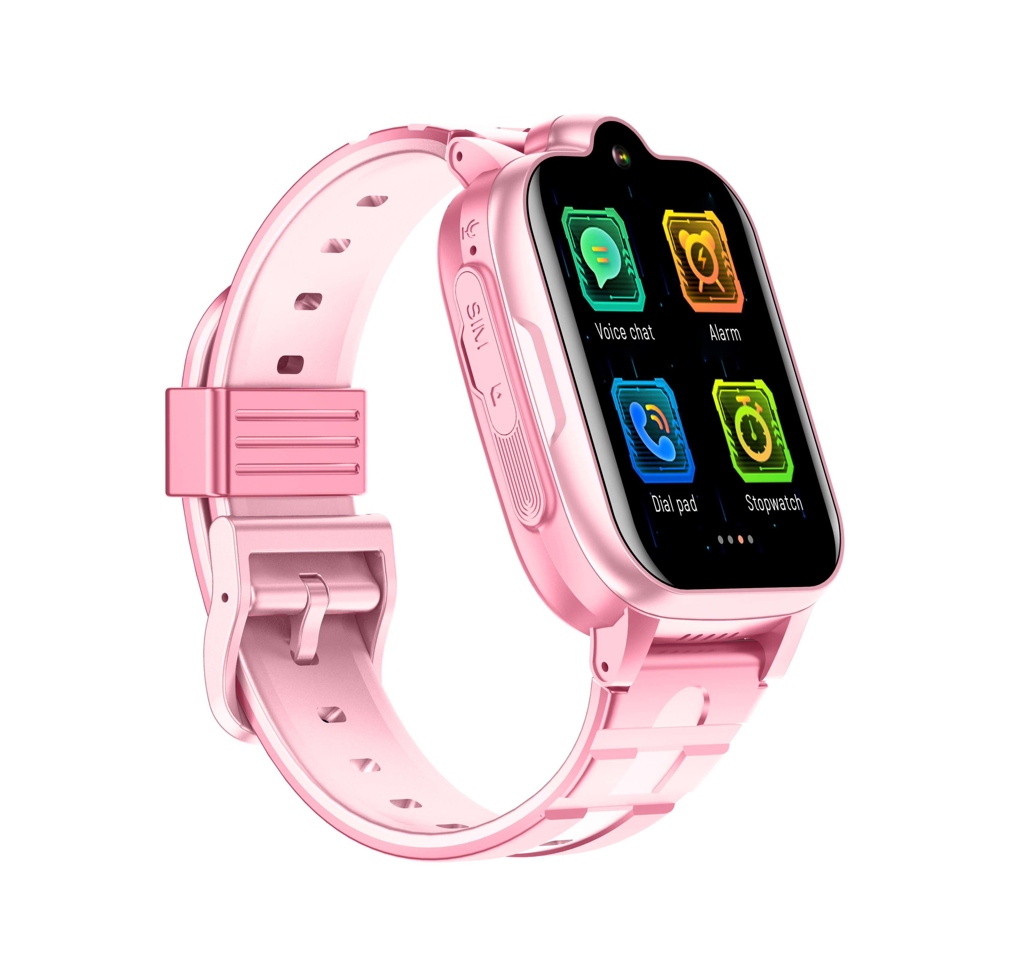Smartwatch rosa con correa rosa. La pantalla muestra iconos.