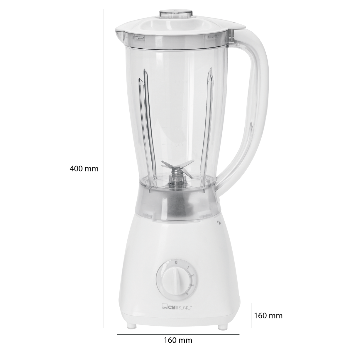 Biały blender z przezroczystym dzbanem i uchwytem. Podstawa ma pokrętło.