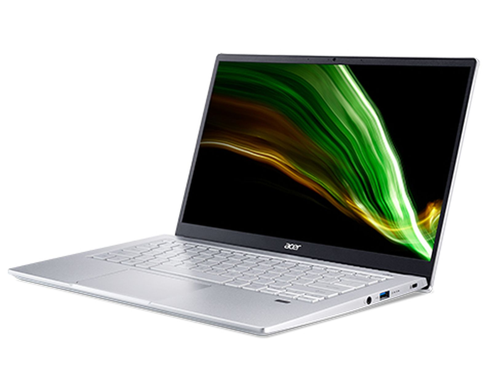 Silberner Laptop auf weißem Hintergrund. Der Bildschirm zeigt ein farbenfrohes, abstraktes Bild.