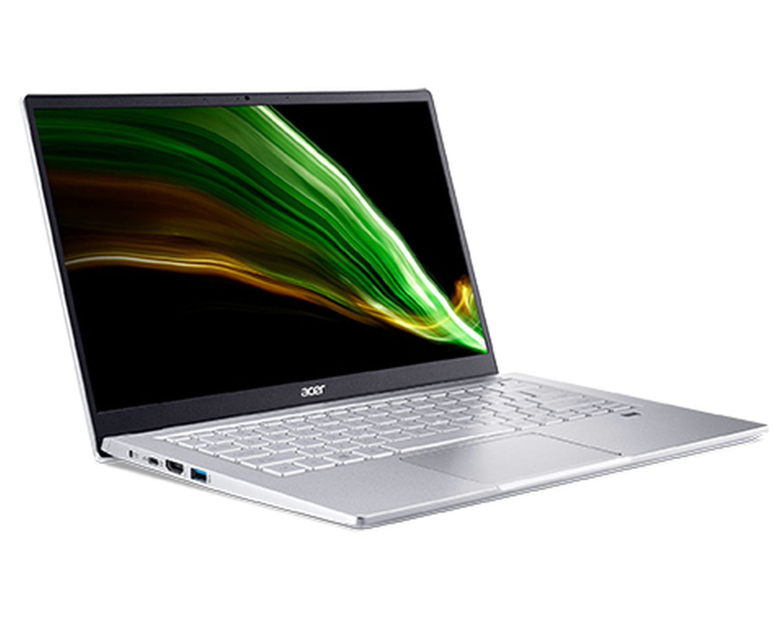 Ein silberner Laptop mit schwarzem Bildschirm, der einen farbenfrohen Farbverlauf anzeigt. Der Laptop ist auf weißem Grund.