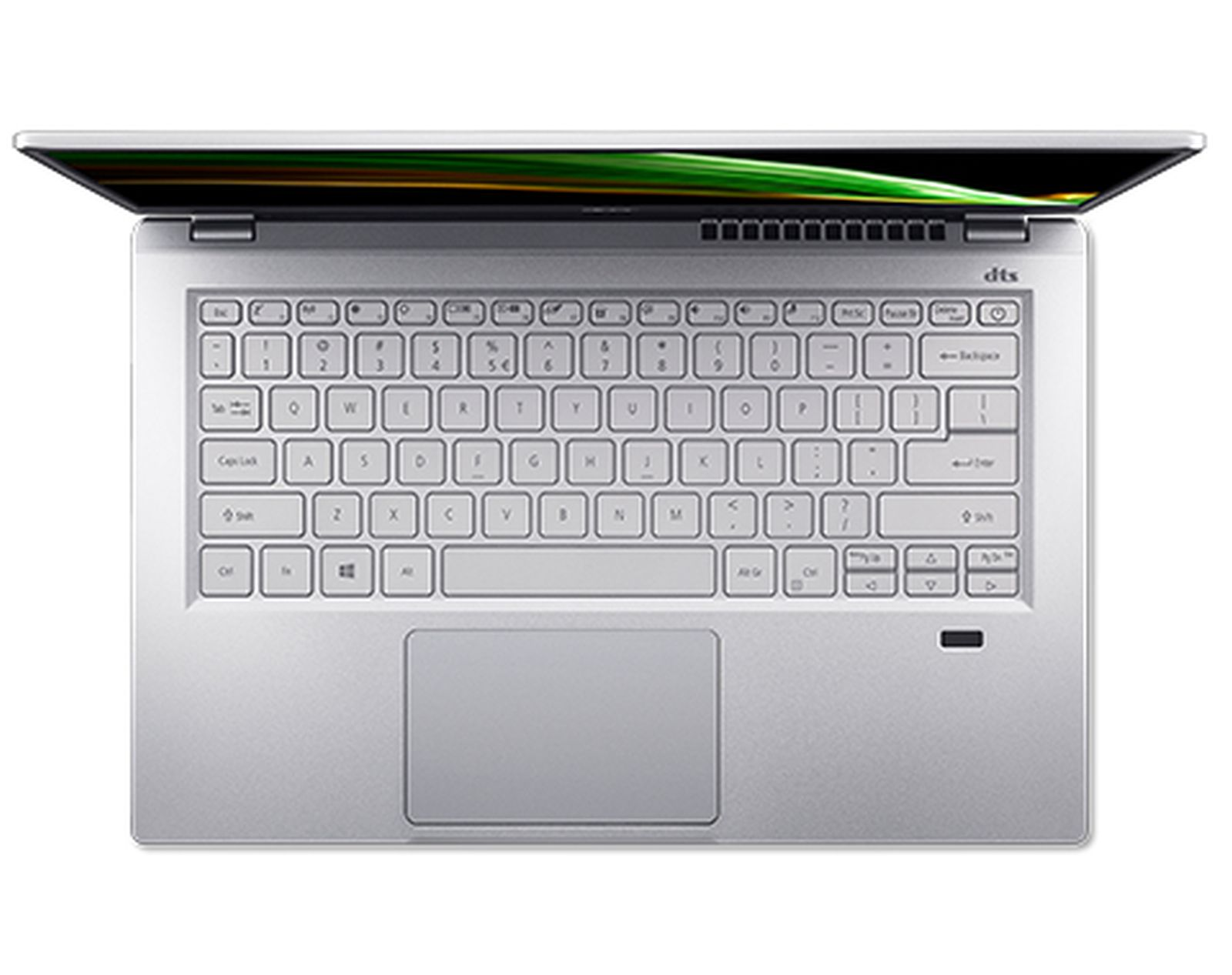 Ein silberner Laptop ist auf einer weißen Oberfläche geöffnet. Die Tastatur ist sichtbar, der Bildschirm offen.