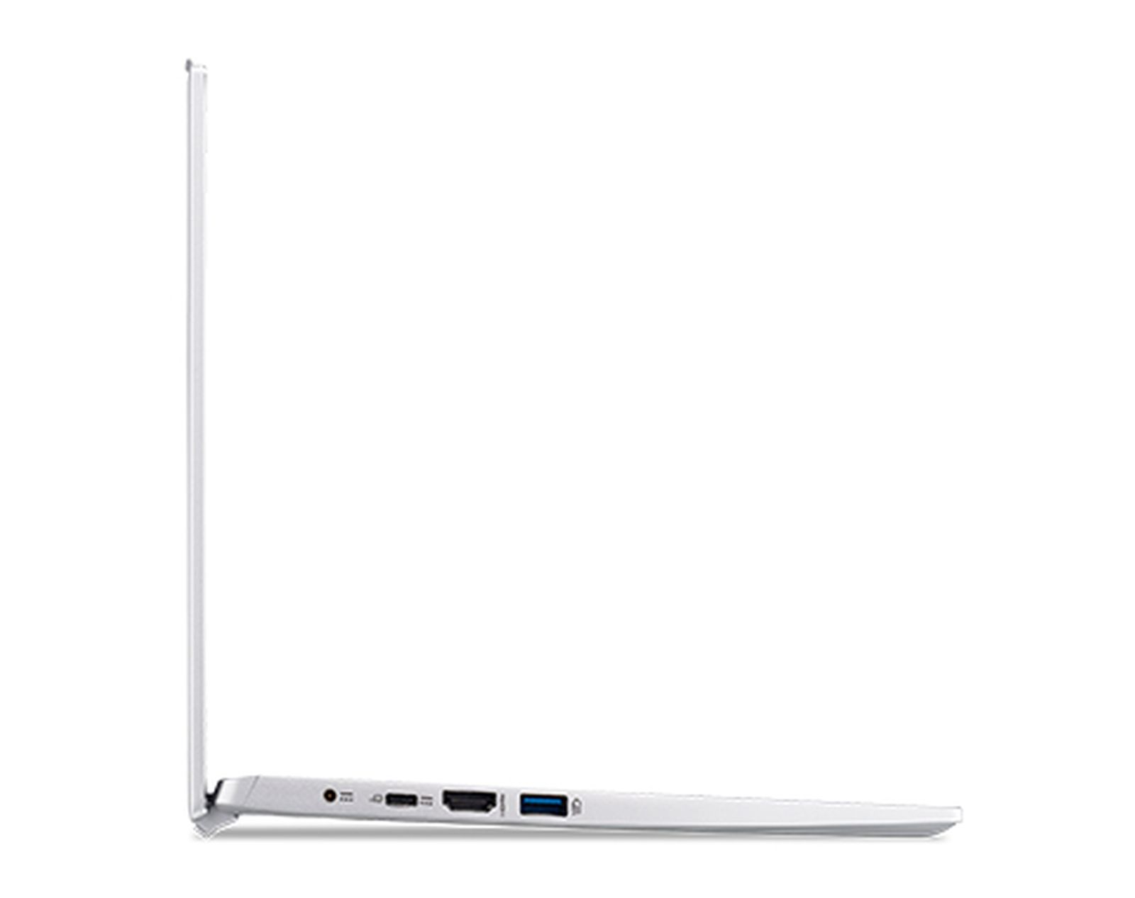 Seitenansicht eines weißen Laptops. Zeigt Anschlüsse an der Seite. Der Bildschirm ist geschlossen.