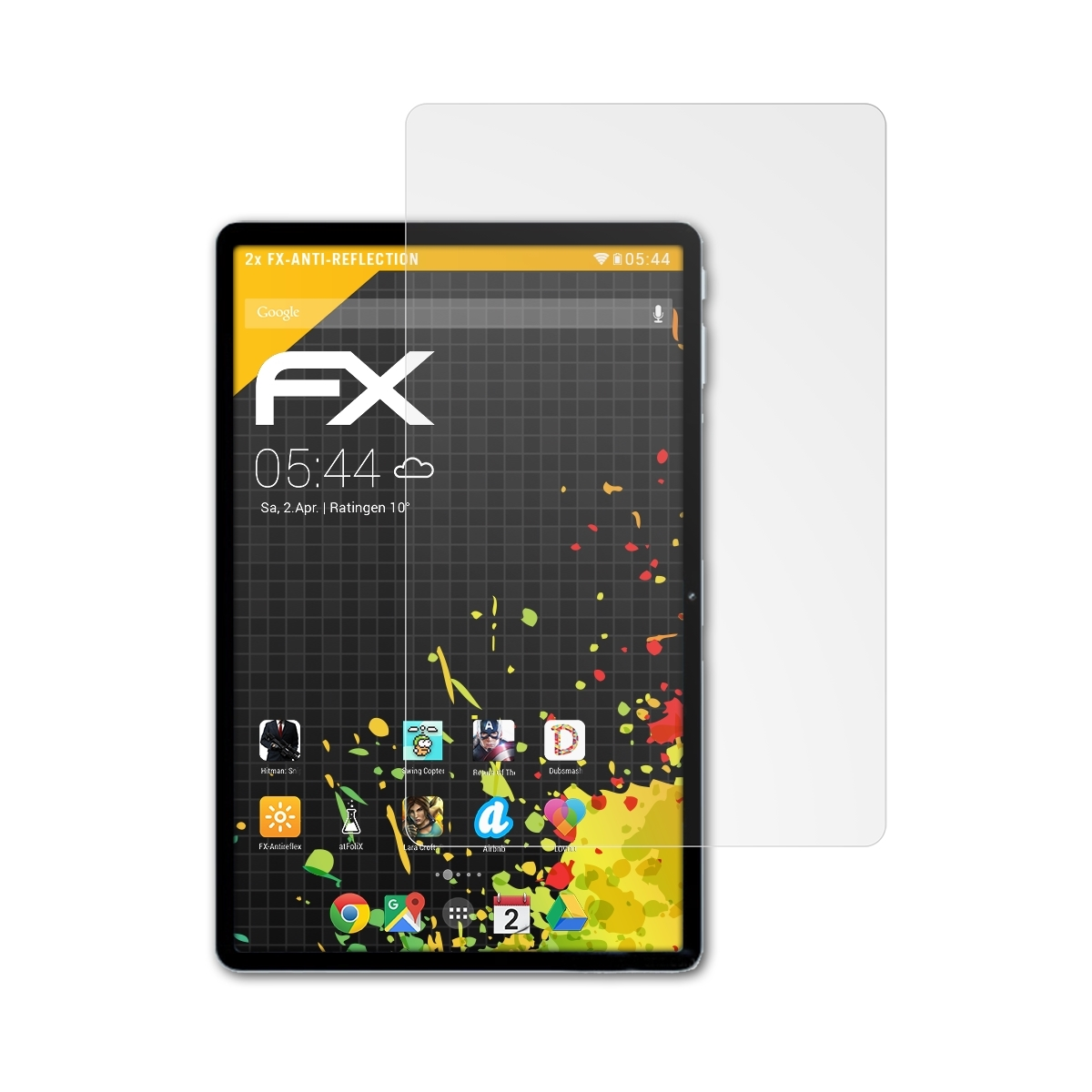 Tablet mit Displayschutz. Schwarzes Tablet mit Displayschutzfolie rechts daneben.