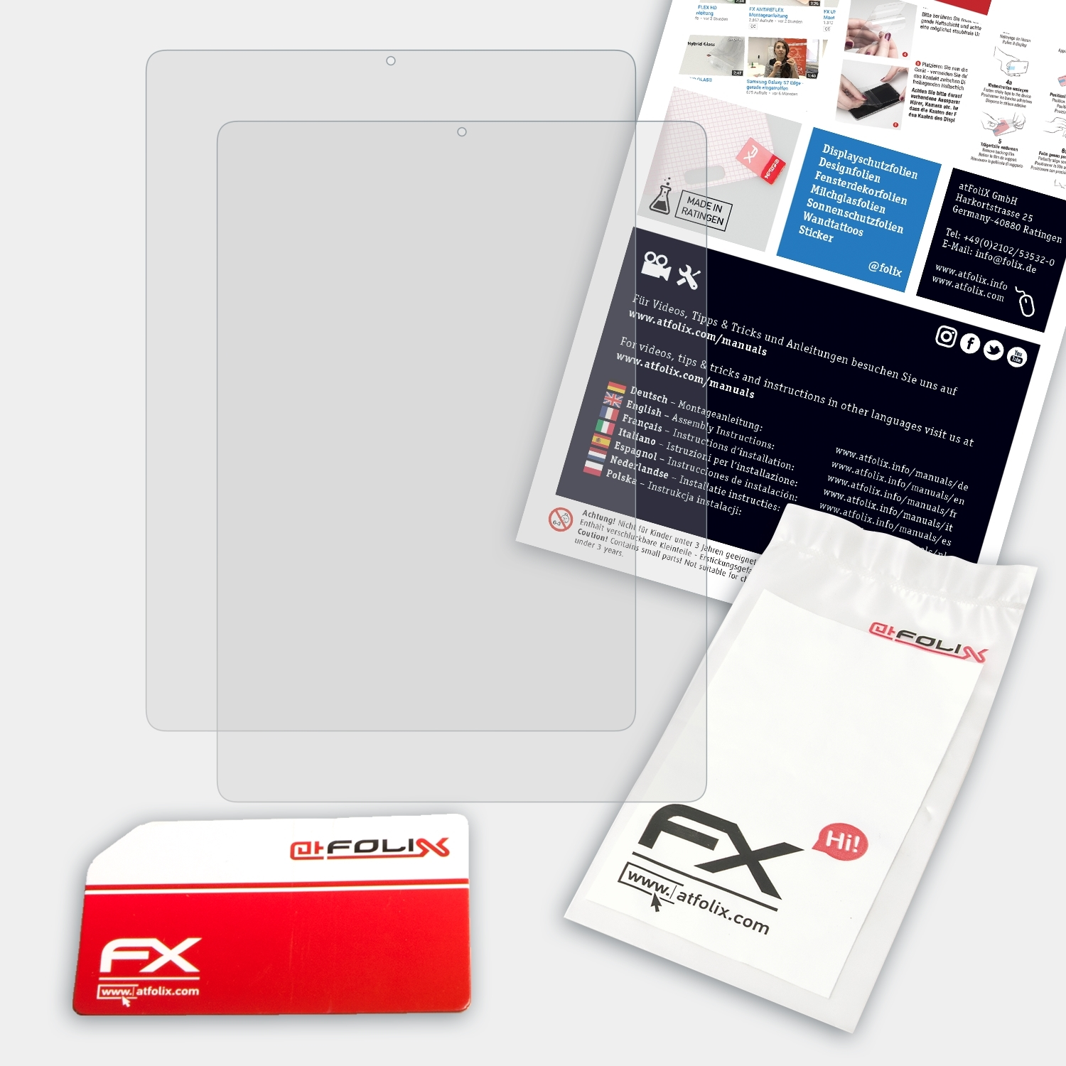 Displayschutzfolien-Kit mit Anleitung und Zubehör. Weißer Hintergrund. Logos, Aufkleber und Flaggen sind vorhanden.